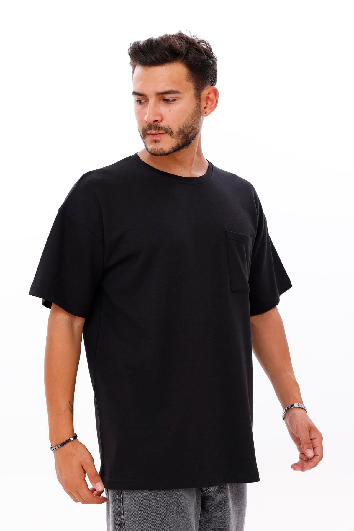 FİHA/7033-ERKEK OVERSIZE DOUBLEFACE CEPLİ TSHIRT - SİYAH