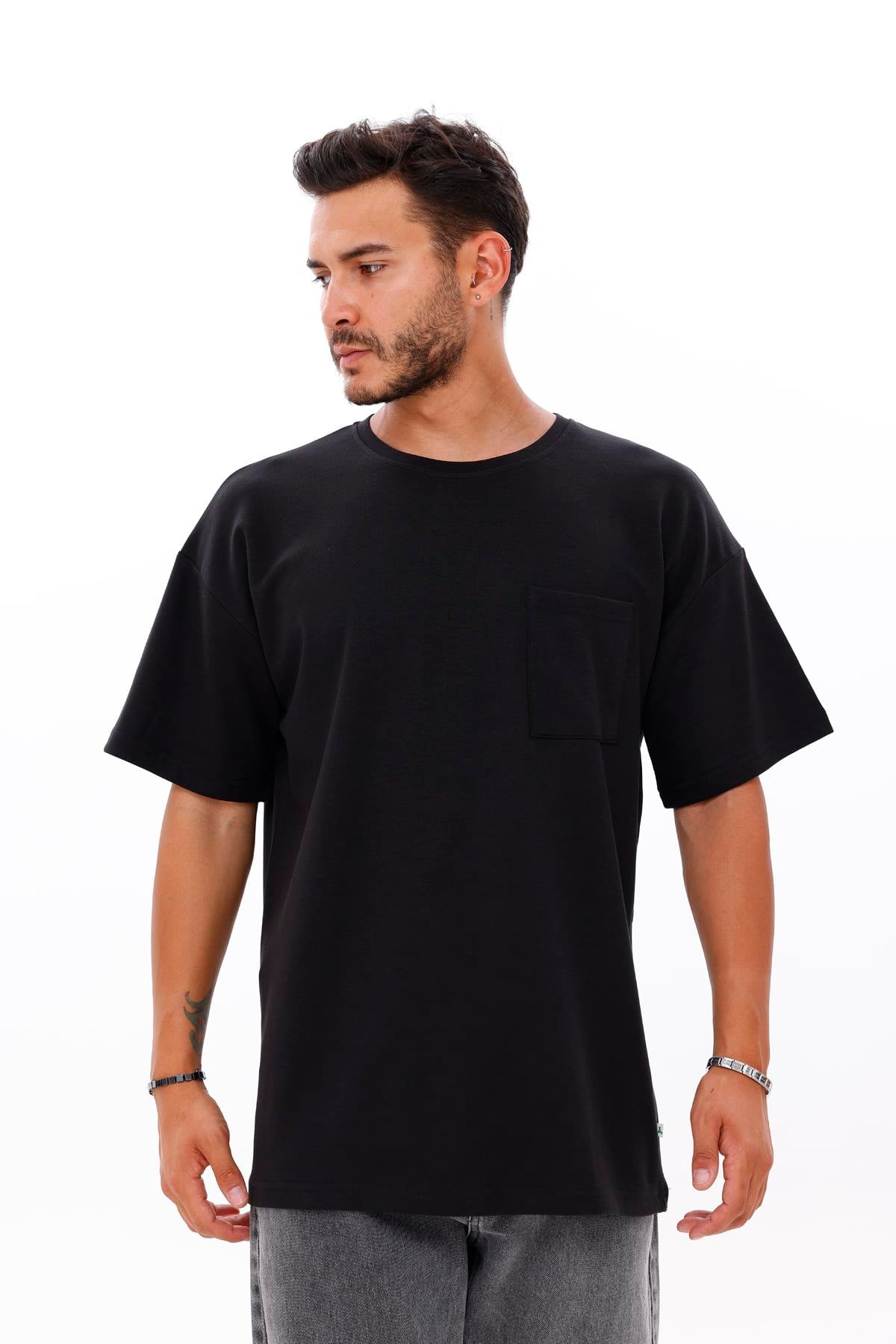 FİHA/7033-ERKEK OVERSIZE DOUBLEFACE CEPLİ TSHIRT - SİYAH