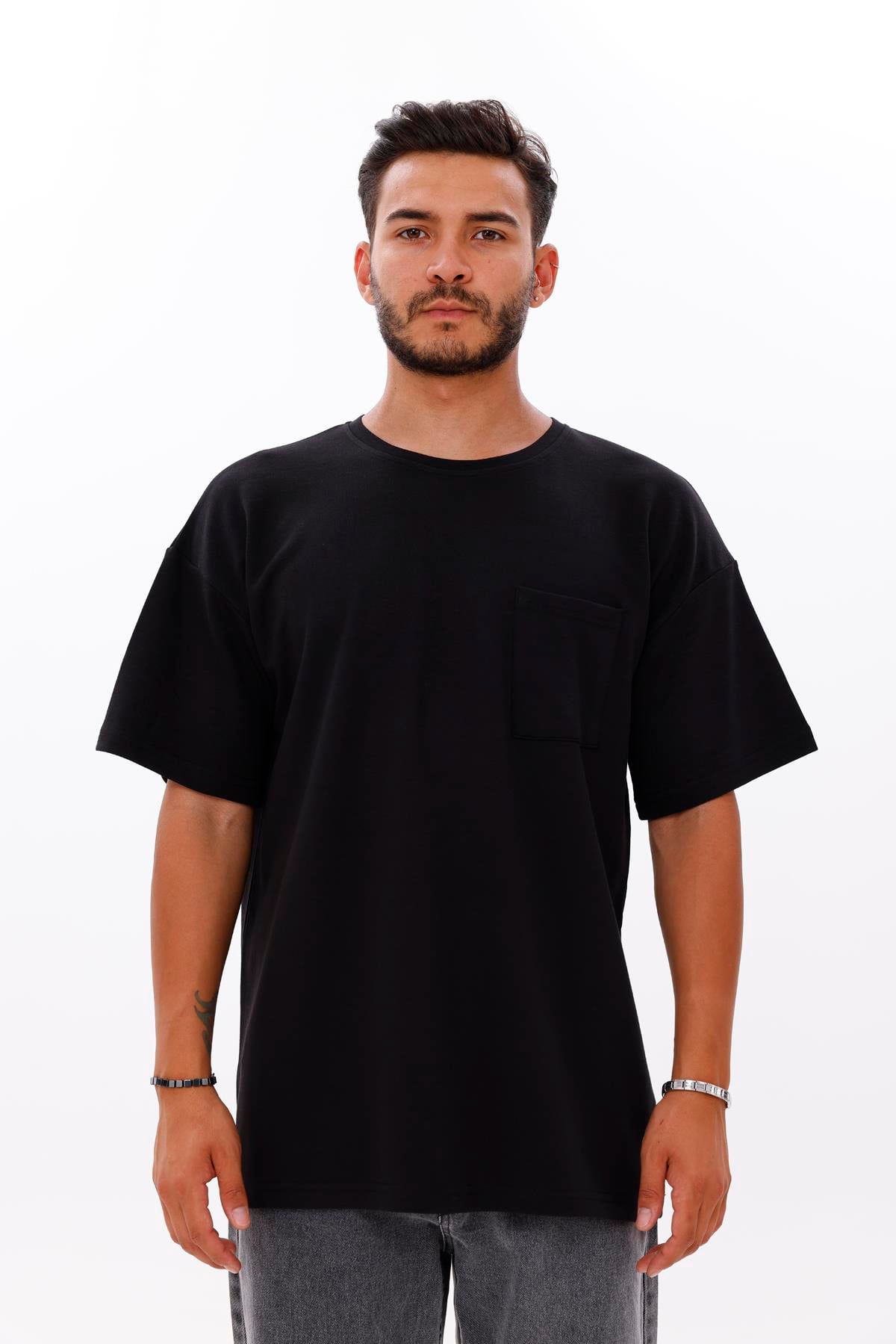 FİHA/7033-ERKEK OVERSIZE DOUBLEFACE CEPLİ TSHIRT - SİYAH