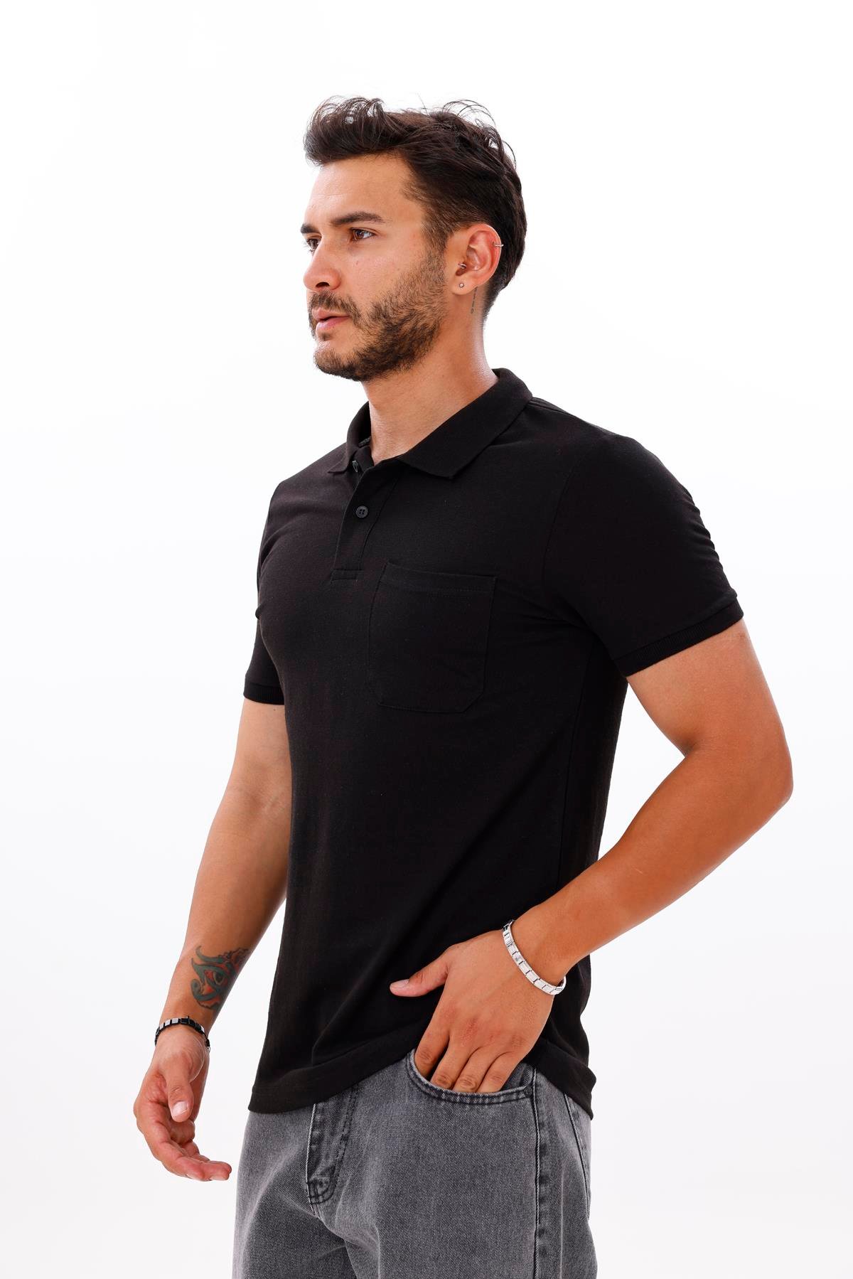 FİHA/7034-ERKEK POLO YAKA DOUBLEFACE TSHIRT - SİYAH