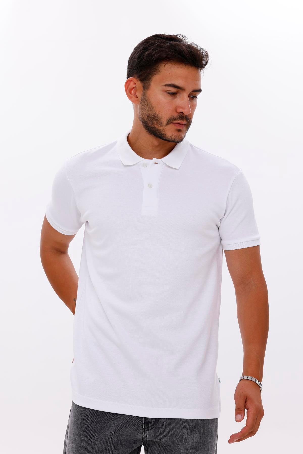 FİHA/7034-ERKEK POLO YAKA DOUBLEFACE TSHIRT - BEYAZ