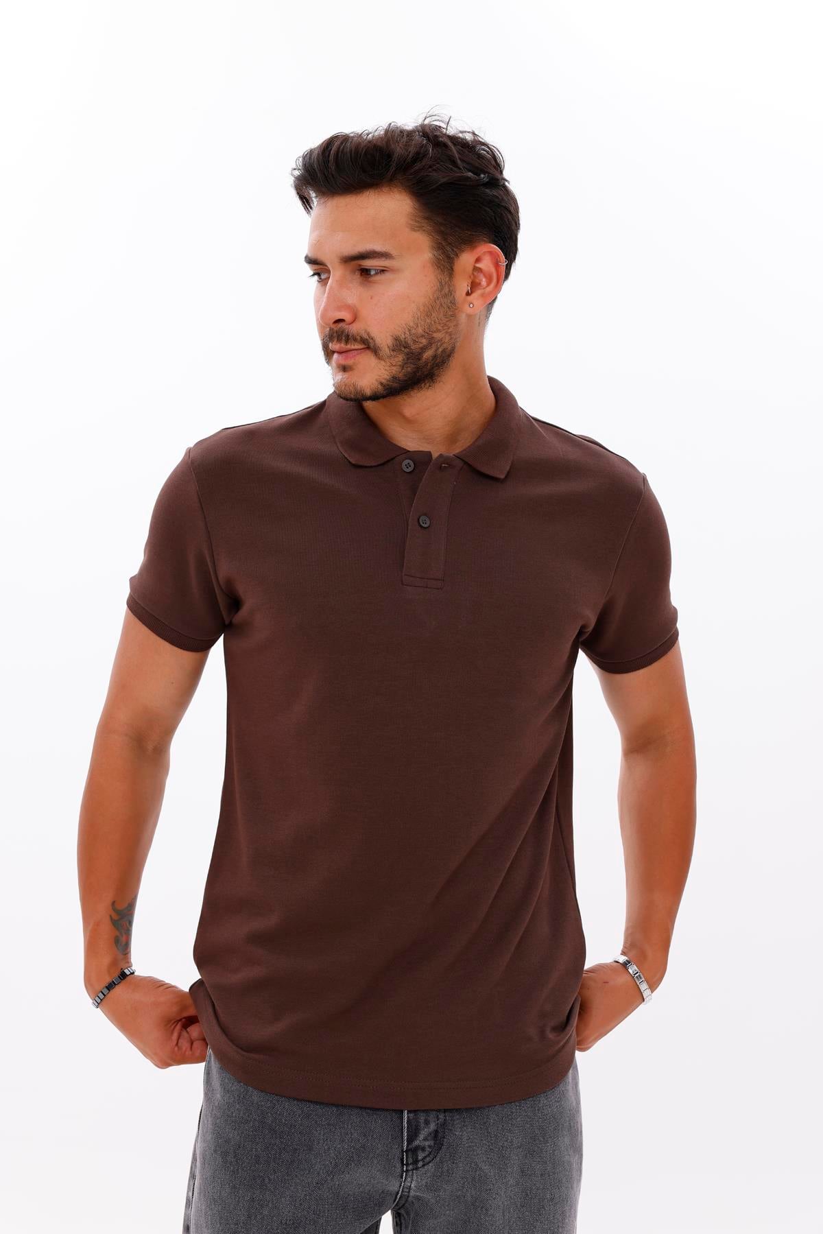 FİHA/7034-ERKEK POLO YAKA DOUBLEFACE TSHIRT - CHOCOLATE BROWN
