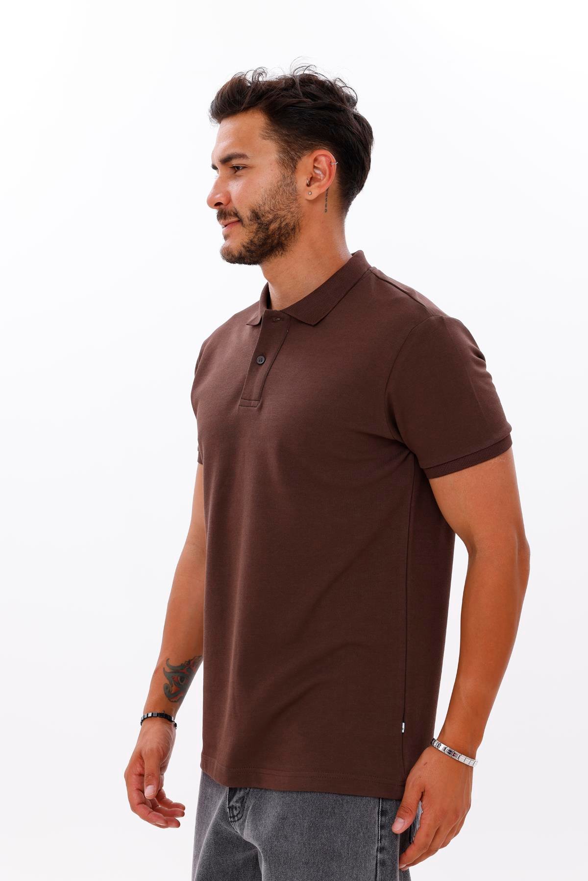 FİHA/7034-ERKEK POLO YAKA DOUBLEFACE TSHIRT - CHOCOLATE BROWN