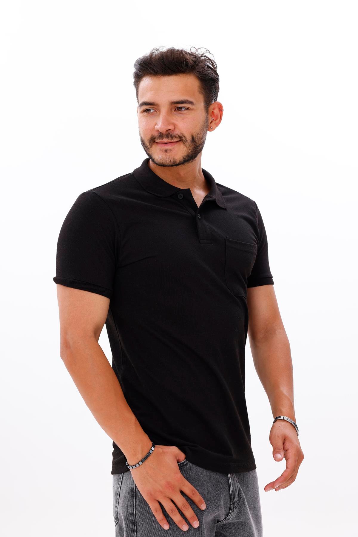 FİHA/7034-ERKEK POLO YAKA DOUBLEFACE TSHIRT - SİYAH