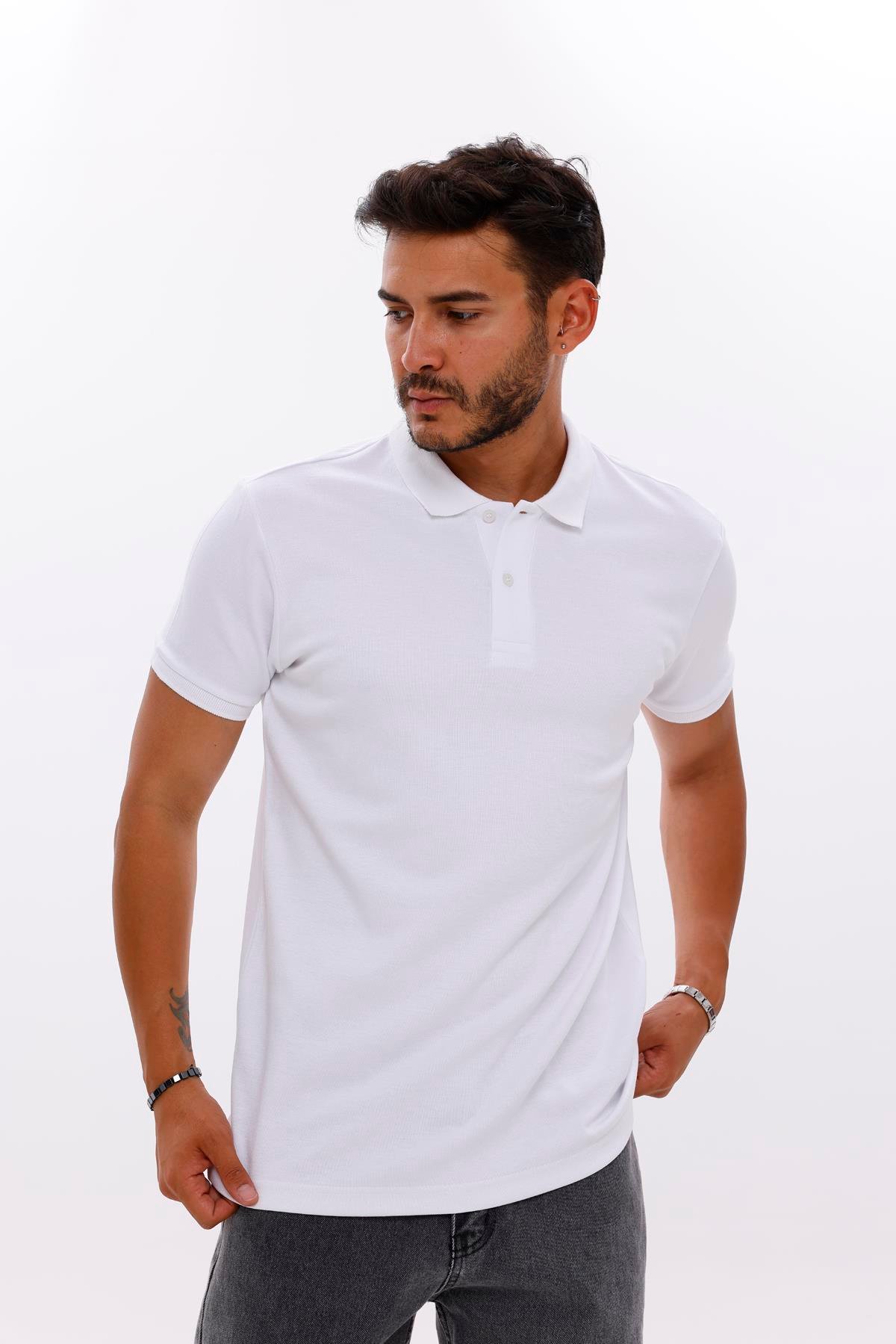FİHA/7034-ERKEK POLO YAKA DOUBLEFACE TSHIRT - BEYAZ