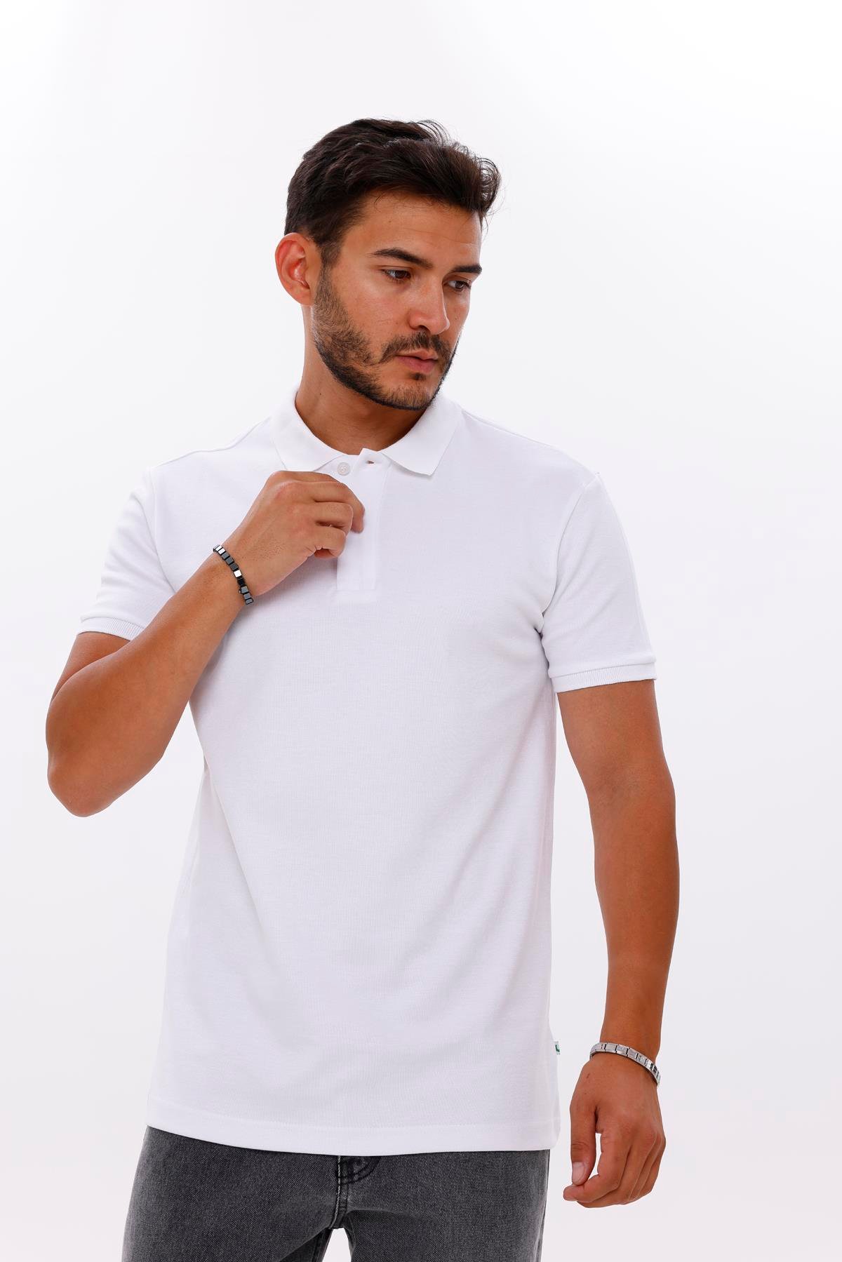 FİHA/7034-ERKEK POLO YAKA DOUBLEFACE TSHIRT - BEYAZ