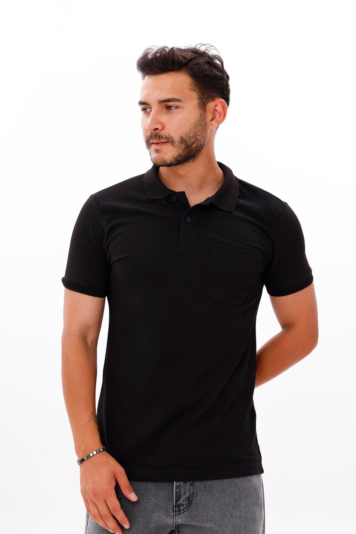 FİHA/7034-ERKEK POLO YAKA DOUBLEFACE TSHIRT - SİYAH