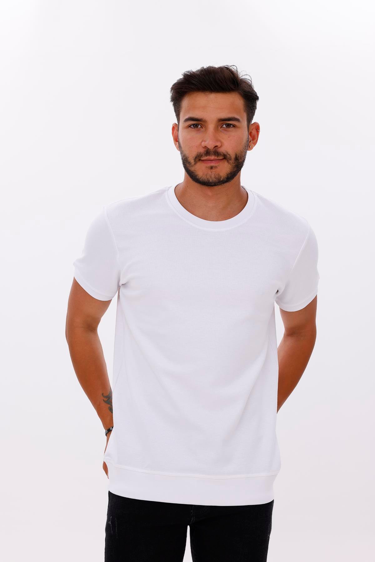 FİHA/7035-ERKEK ETEK KOL RİBANALI DOUBLEFACE TSHIRT - BEYAZ