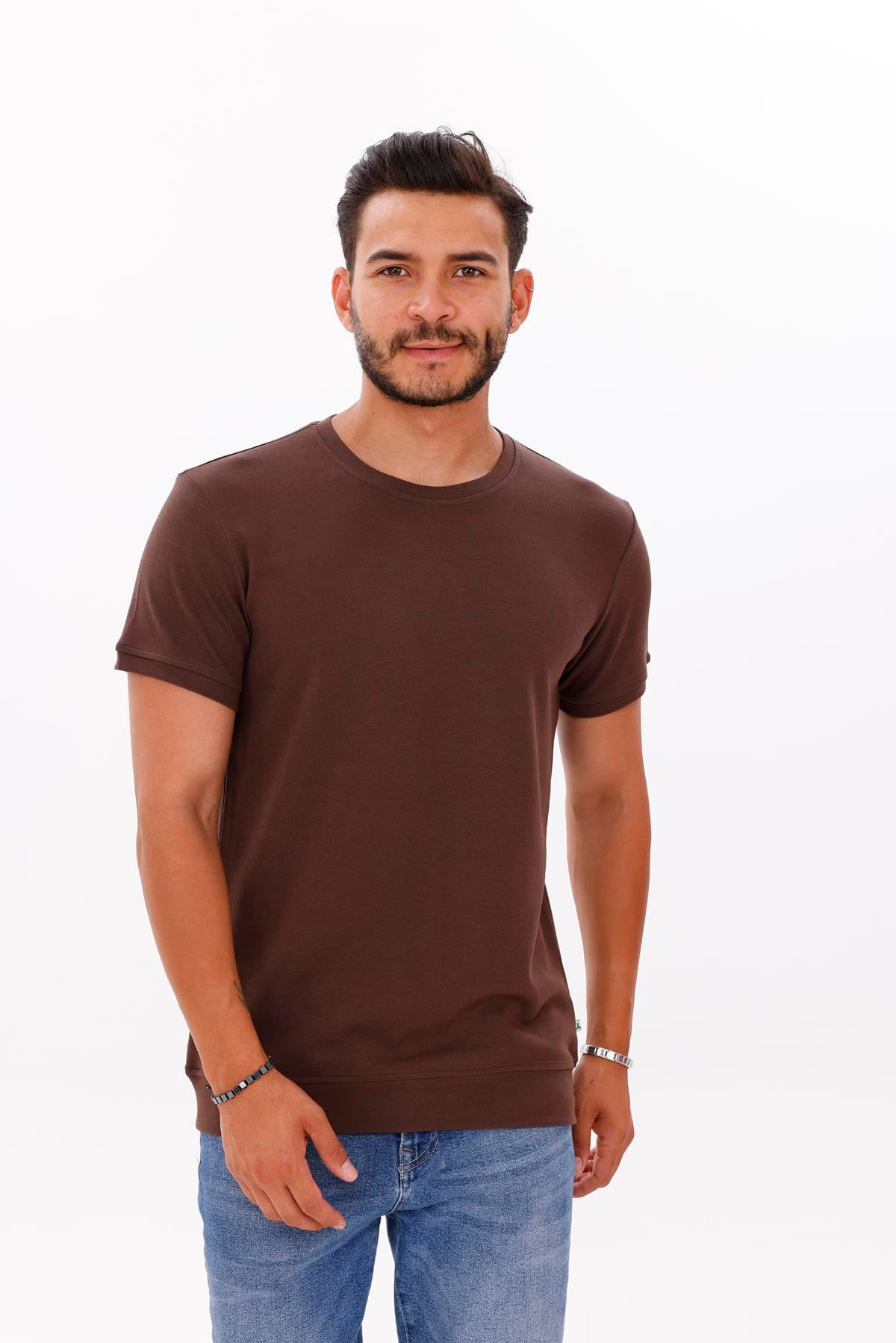 FİHA/7035-ERKEK ETEK KOL RİBANALI DOUBLEFACE TSHIRT - CHOCOLATE BROWN