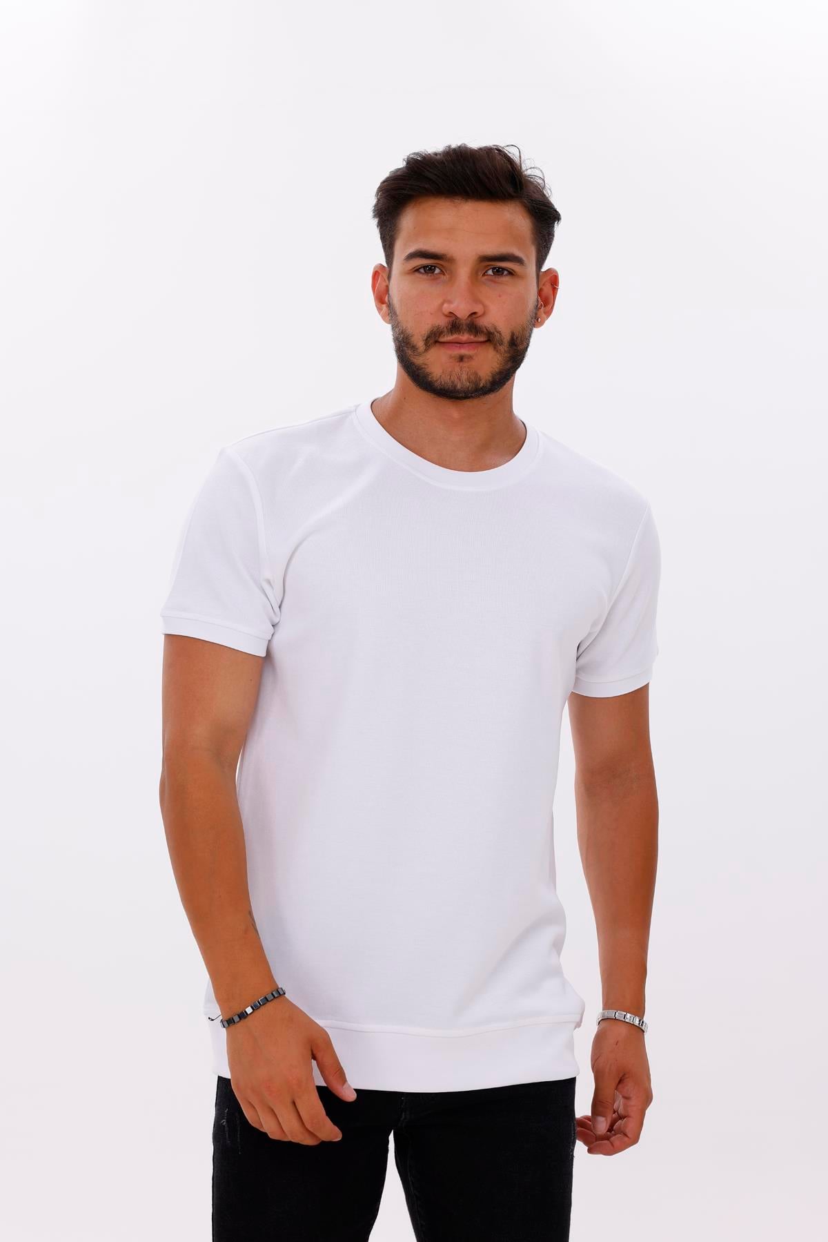 FİHA/7035-ERKEK ETEK KOL RİBANALI DOUBLEFACE TSHIRT - BEYAZ