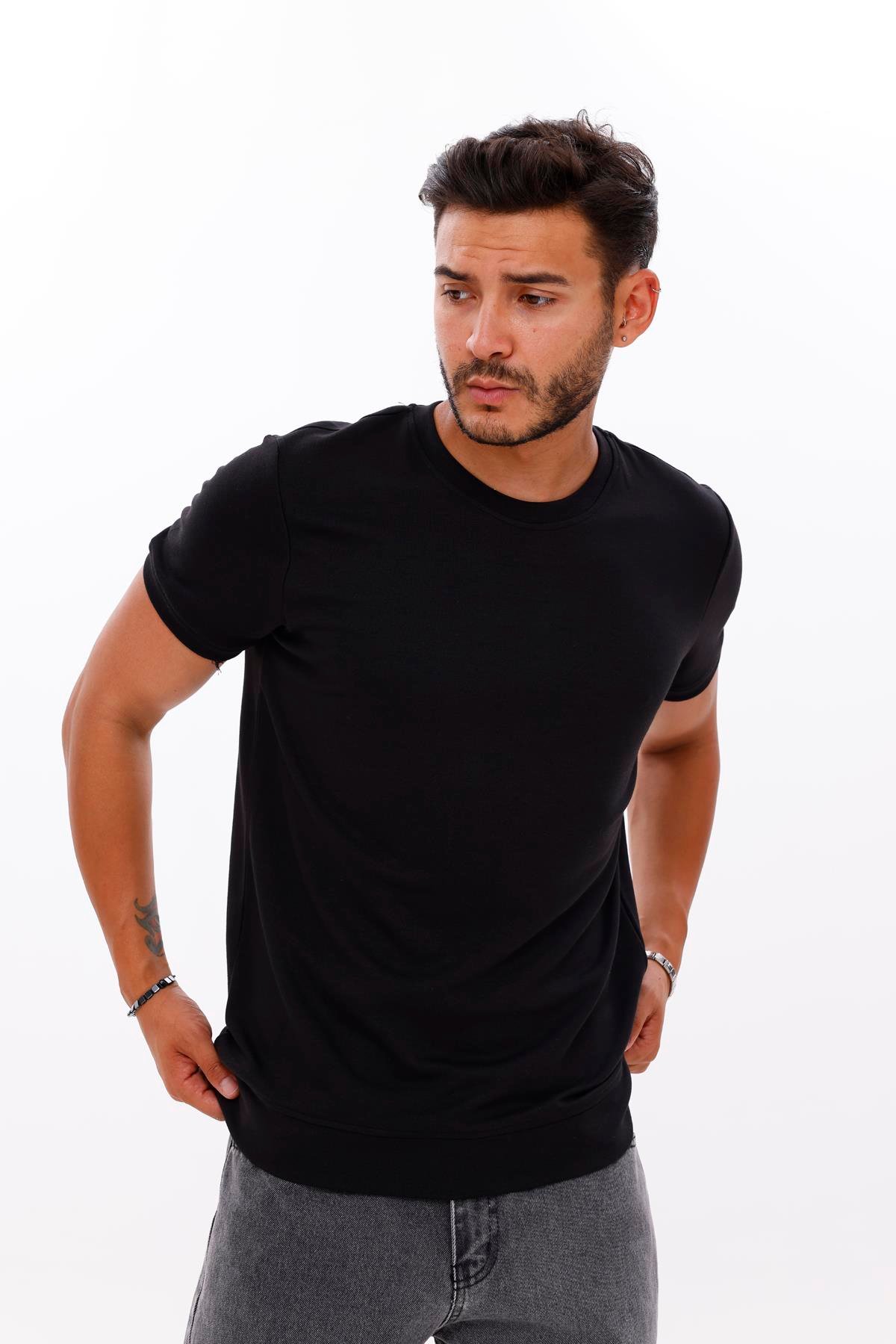 FİHA/7035-ERKEK ETEK KOL RİBANALI DOUBLEFACE TSHIRT - SİYAH