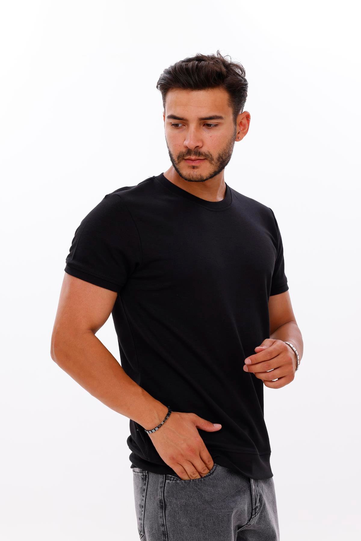 FİHA/7035-ERKEK ETEK KOL RİBANALI DOUBLEFACE TSHIRT - SİYAH