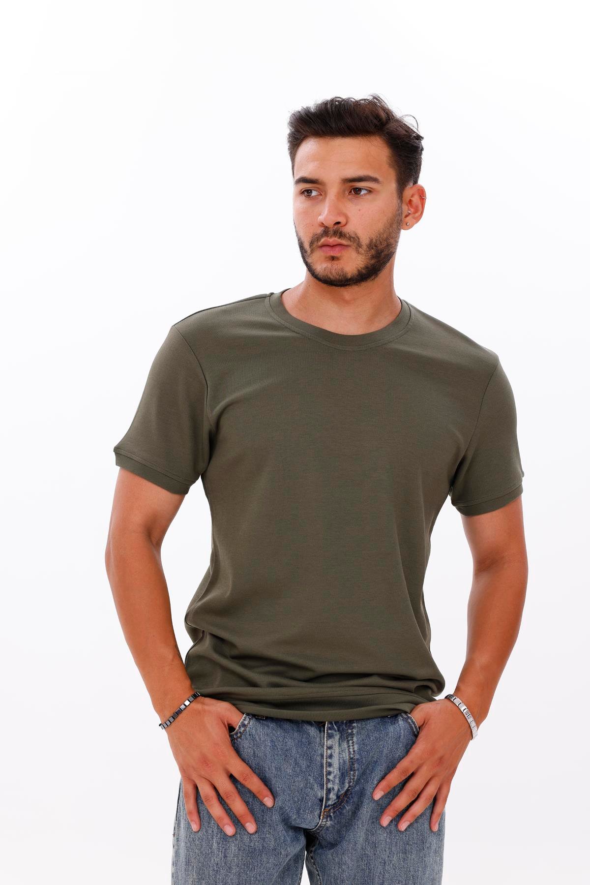 FİHA/7035-ERKEK ETEK KOL RİBANALI DOUBLEFACE TSHIRT - HAKİ