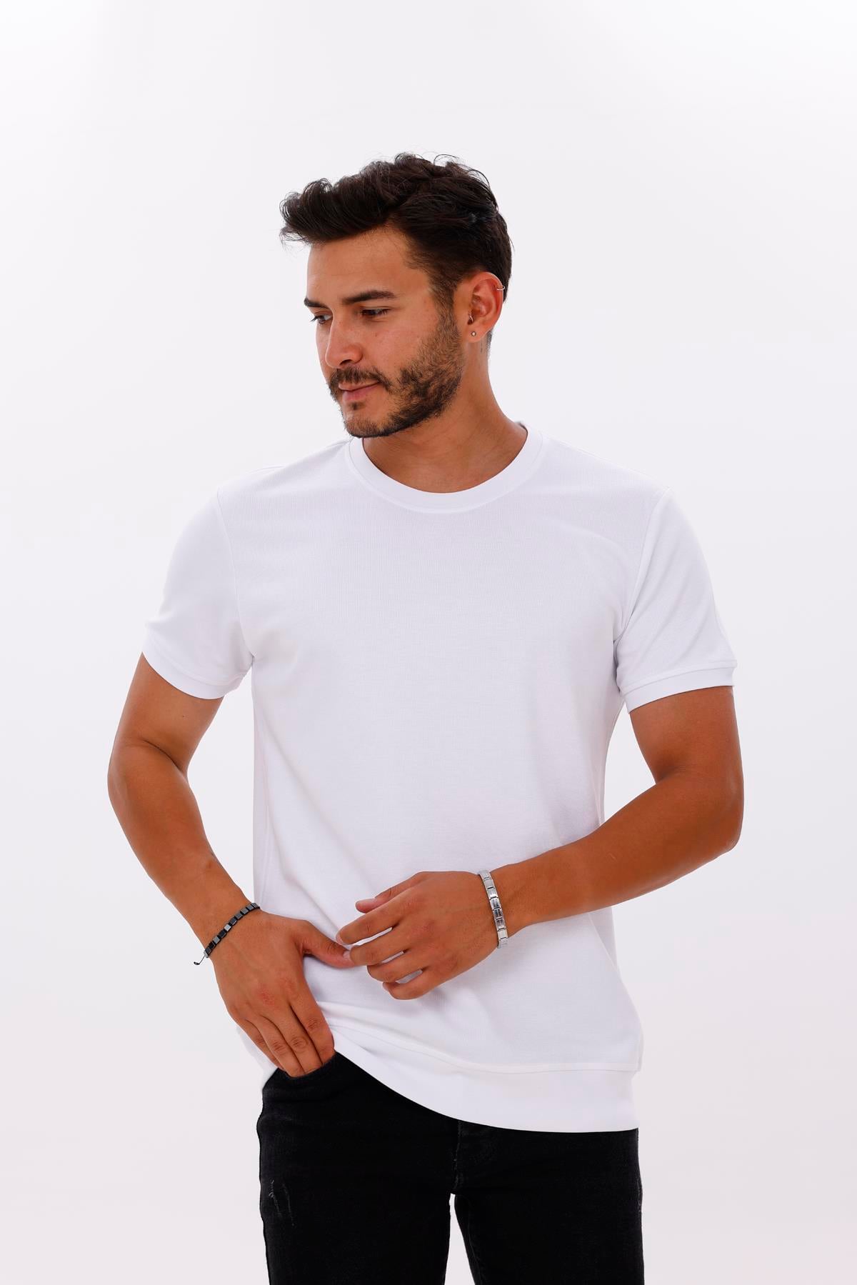 FİHA/7035-ERKEK ETEK KOL RİBANALI DOUBLEFACE TSHIRT - BEYAZ