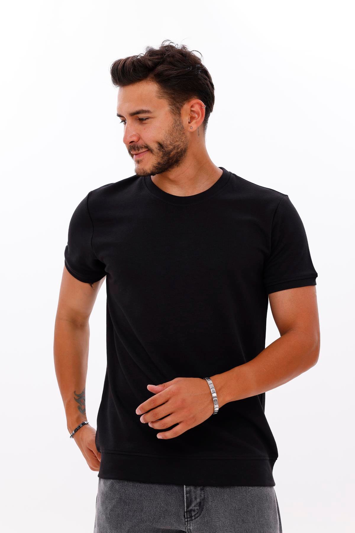FİHA/7035-ERKEK ETEK KOL RİBANALI DOUBLEFACE TSHIRT - SİYAH