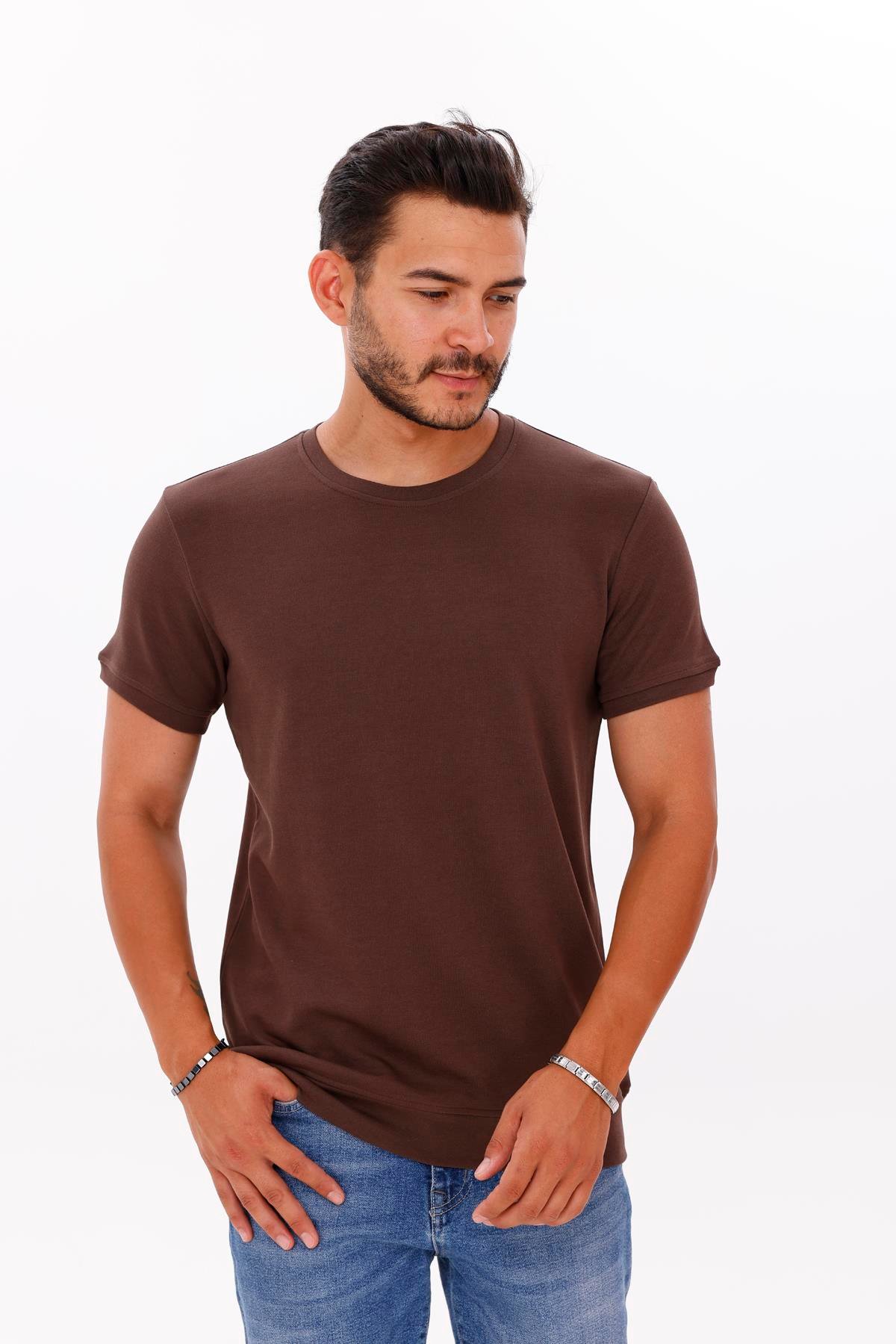 FİHA/7035-ERKEK ETEK KOL RİBANALI DOUBLEFACE TSHIRT - CHOCOLATE BROWN