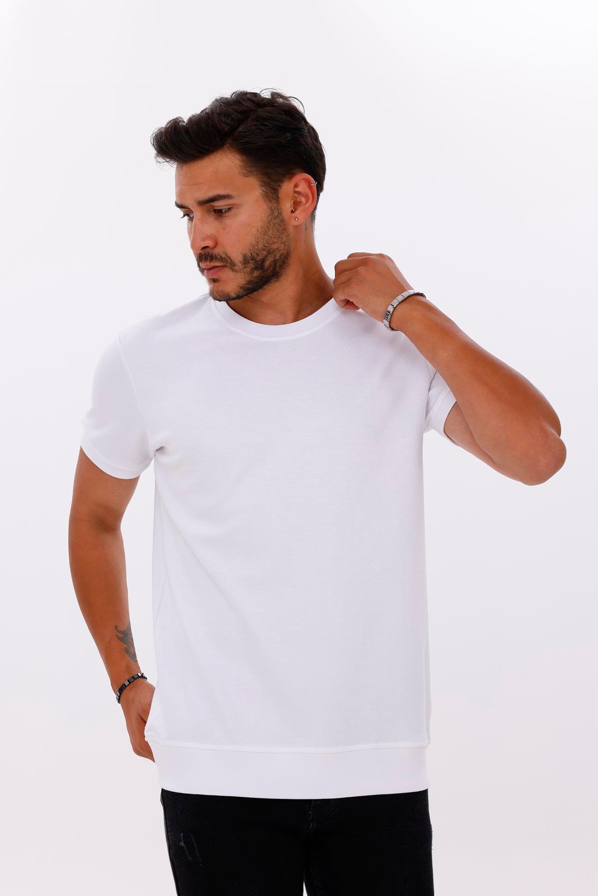 FİHA/7035-ERKEK ETEK KOL RİBANALI DOUBLEFACE TSHIRT - BEYAZ