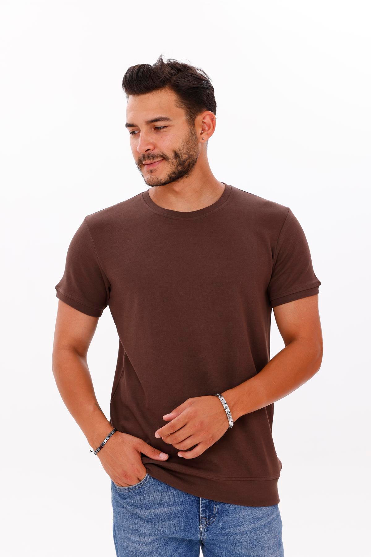 FİHA/7035-ERKEK ETEK KOL RİBANALI DOUBLEFACE TSHIRT - CHOCOLATE BROWN