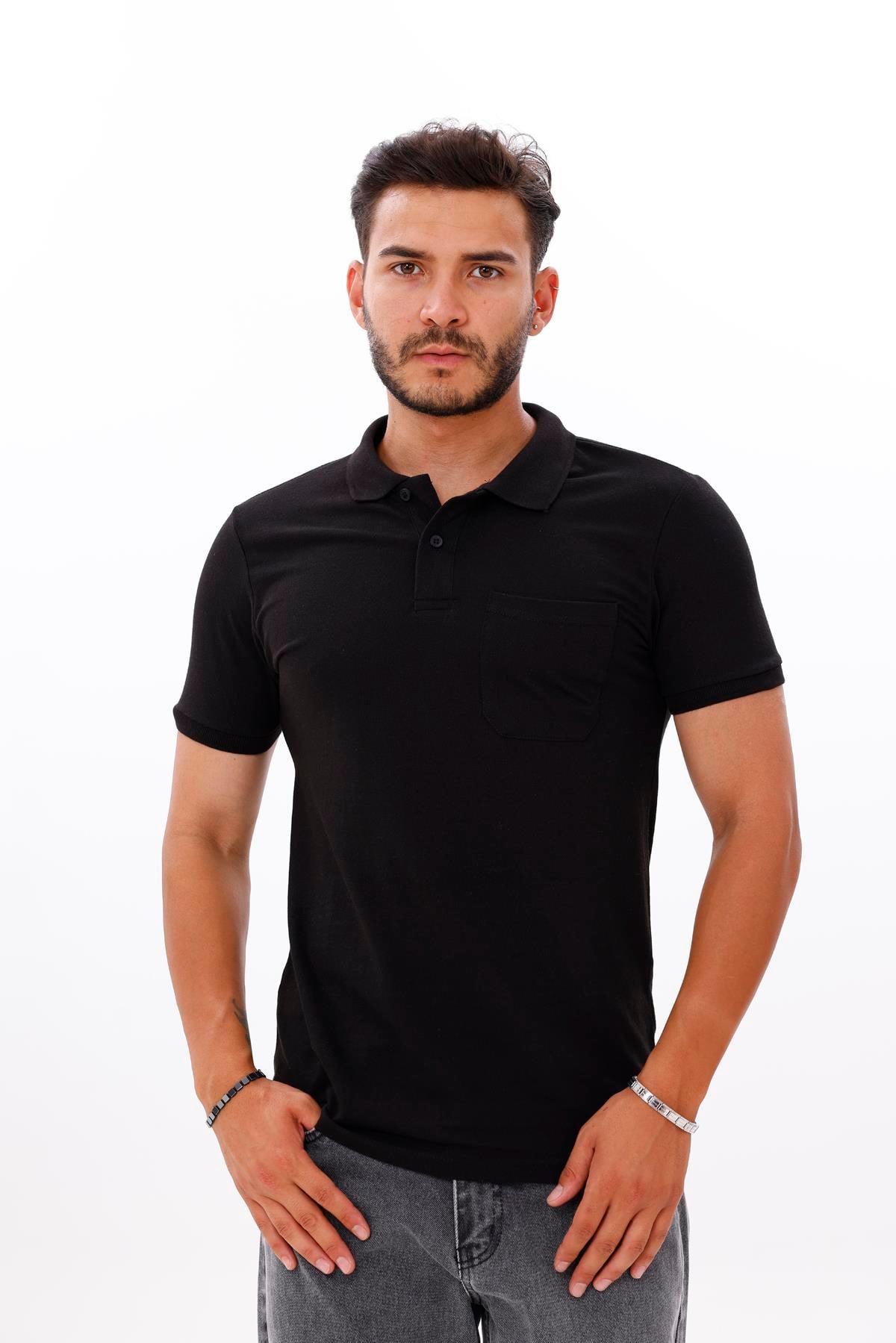 FİHA/7037-ERKEK CEPLİ POLO YAKA - SİYAH