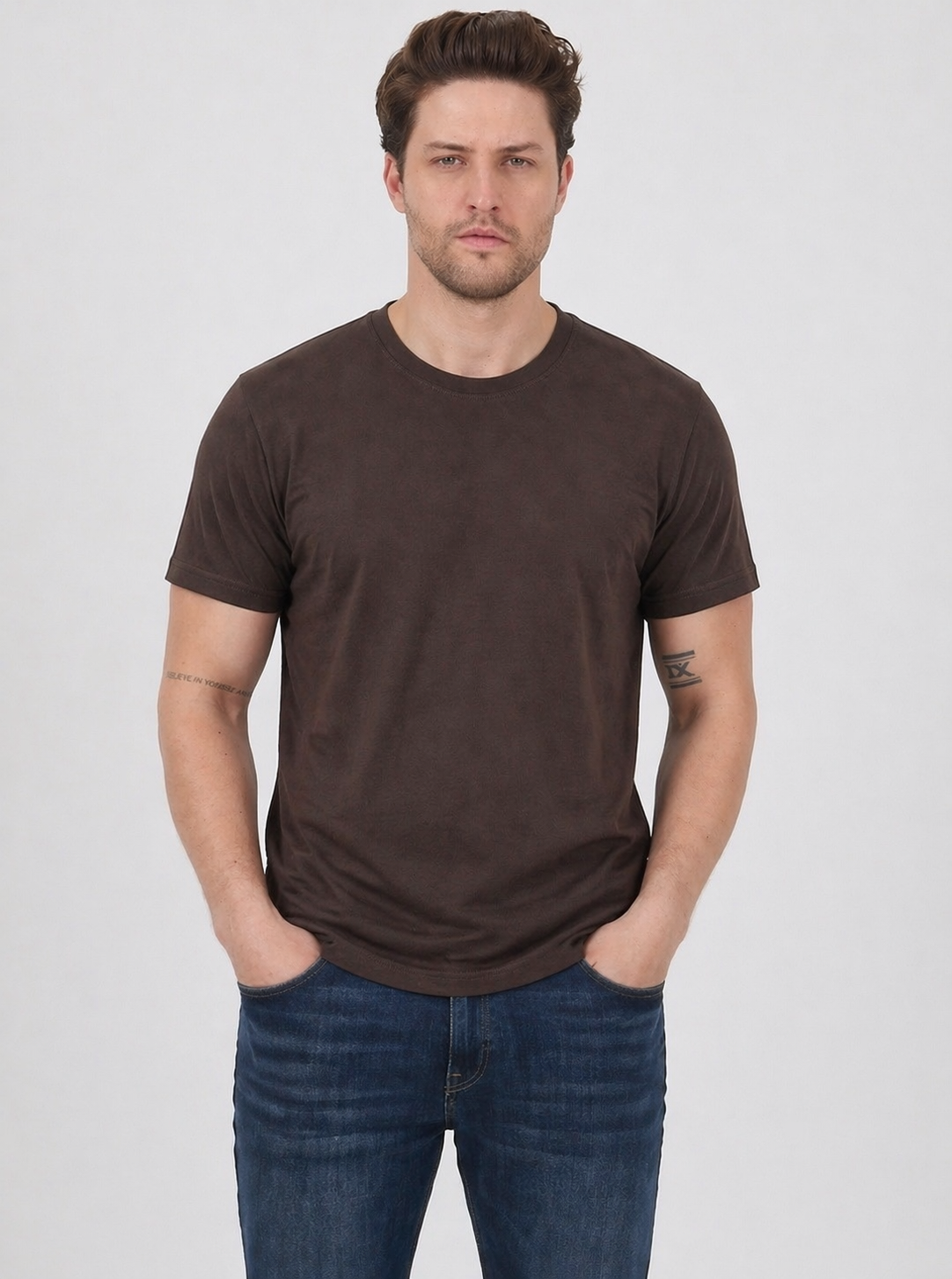 FİHA/7040-ERKEK SIFIR YAKA TSHIRT - KAHVE