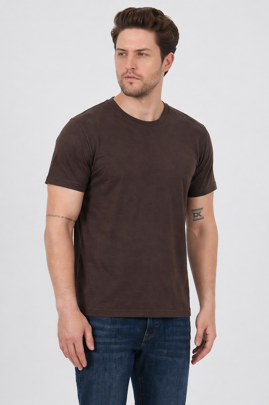 FİHA/7040-ERKEK SIFIR YAKA TSHIRT - KAHVE