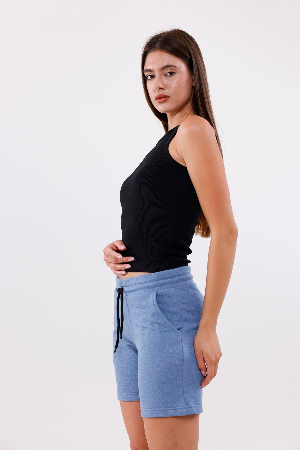 FİHA/7539-KADIN 3 İPLİK ŞORT - İNDİGO