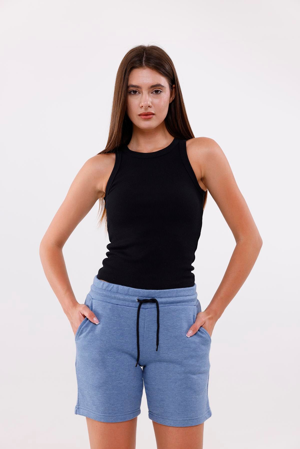 FİHA/7539-KADIN 3 İPLİK ŞORT - İNDİGO