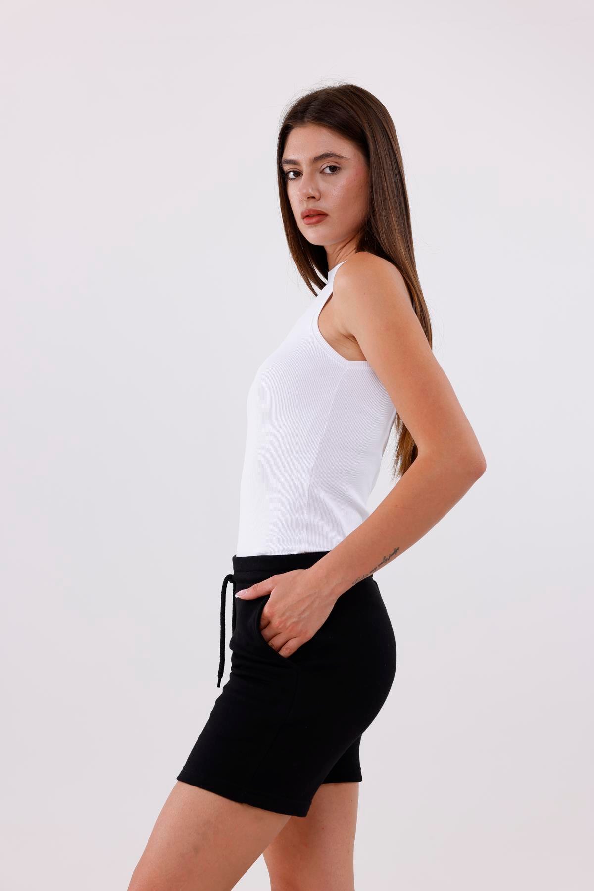 FİHA/7539-KADIN 3 İPLİK ŞORT - SİYAH