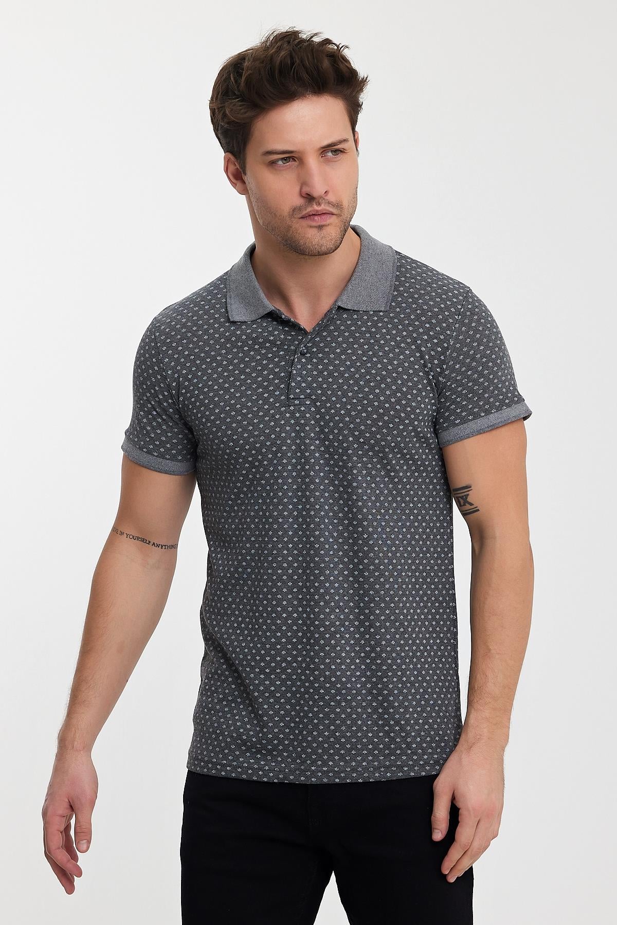FİHA/8509-ERKEK DESENLİ  POLA YAKA T-SHIRT - FÜME