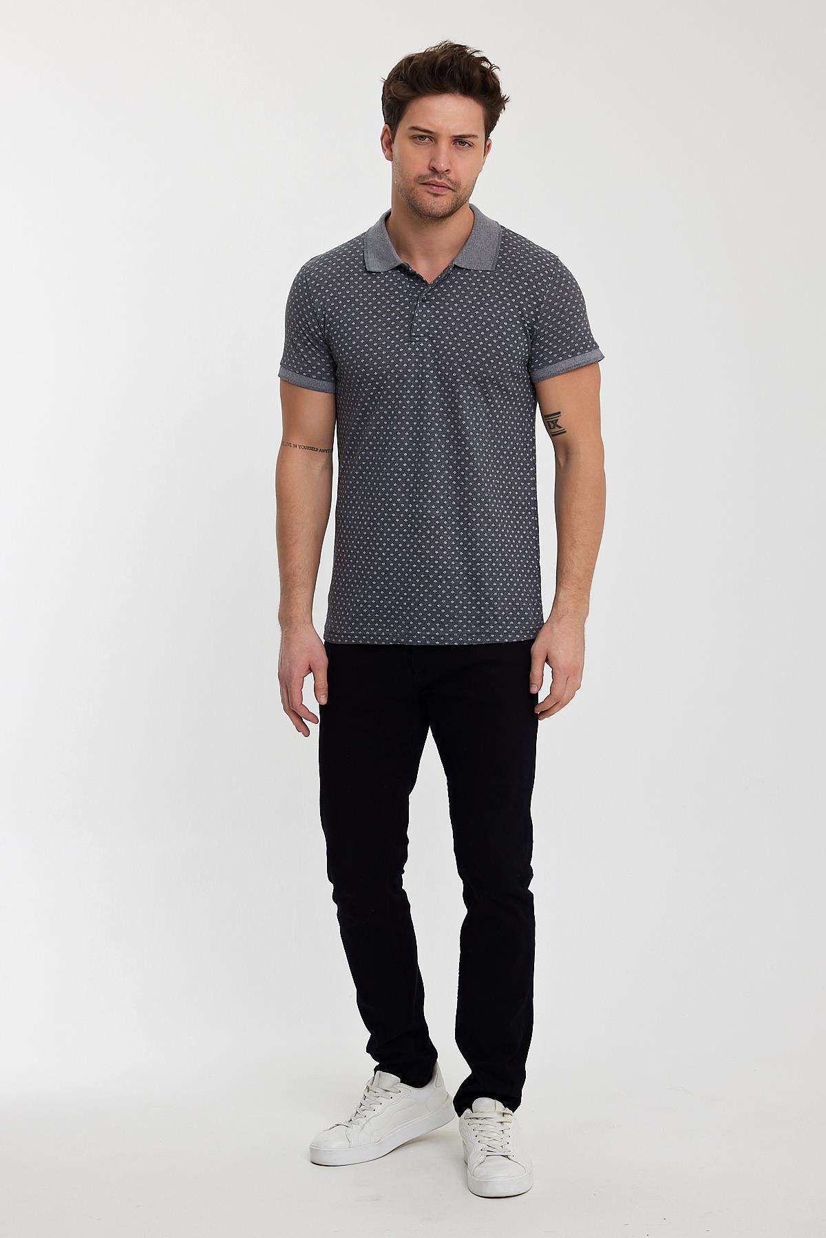 FİHA/8509-ERKEK DESENLİ  POLA YAKA T-SHIRT - FÜME