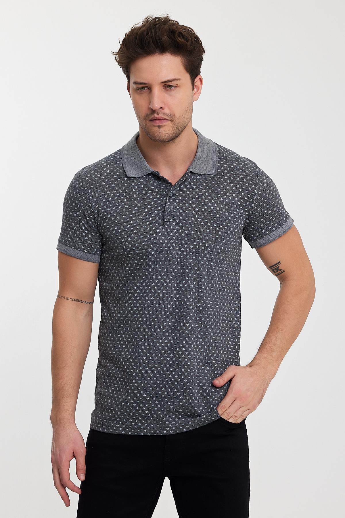 FİHA/8509-ERKEK DESENLİ  POLA YAKA T-SHIRT - FÜME