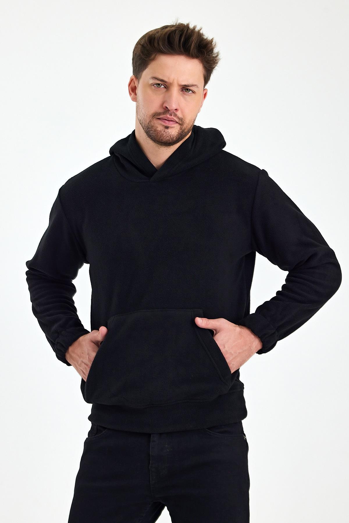 FİHA/8811-ERKEK POLAR KAPŞONLU KANGURU CEPLİ SWEAT - SİYAH