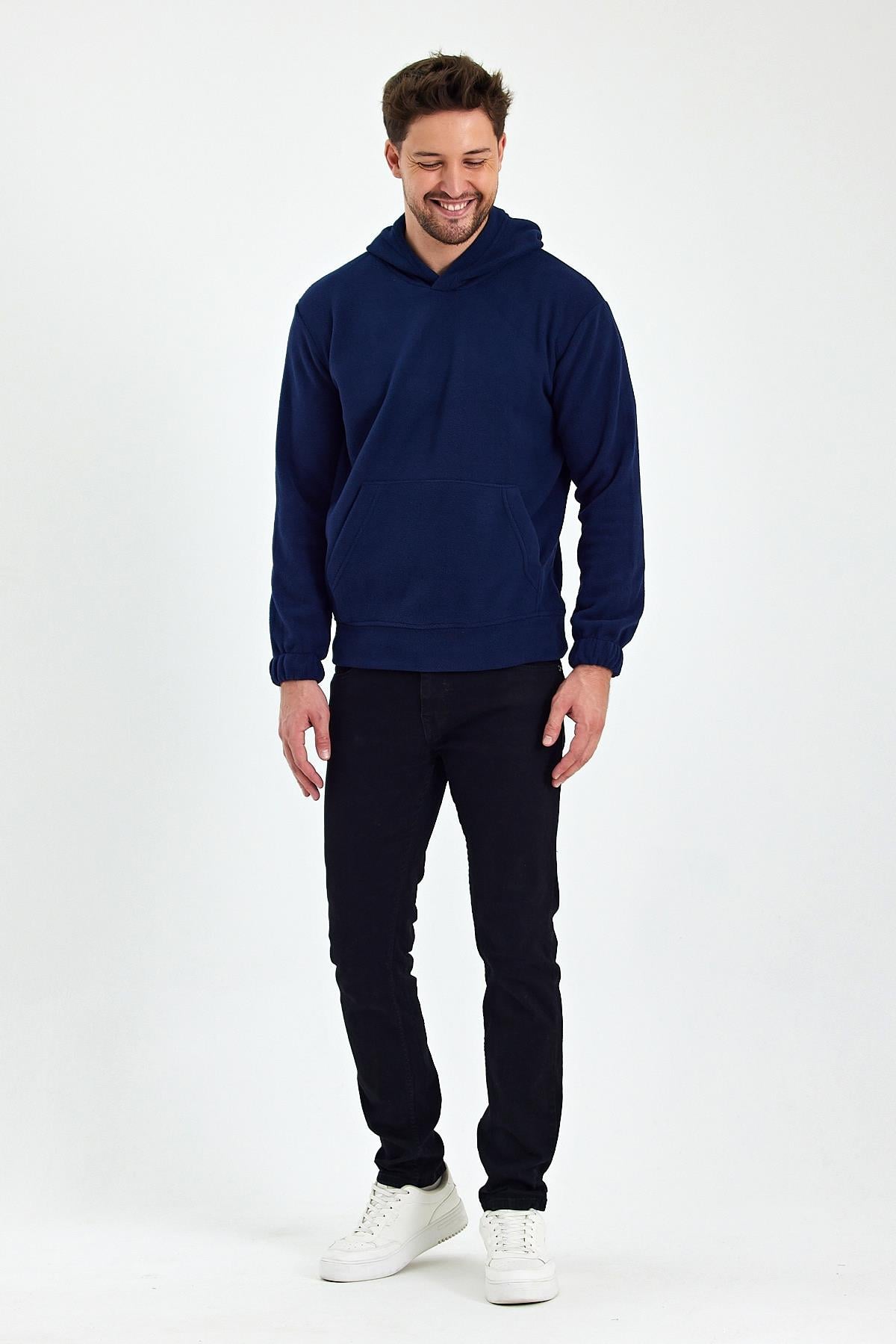 FİHA/8811-ERKEK POLAR KAPŞONLU KANGURU CEPLİ SWEAT - LACİVERT