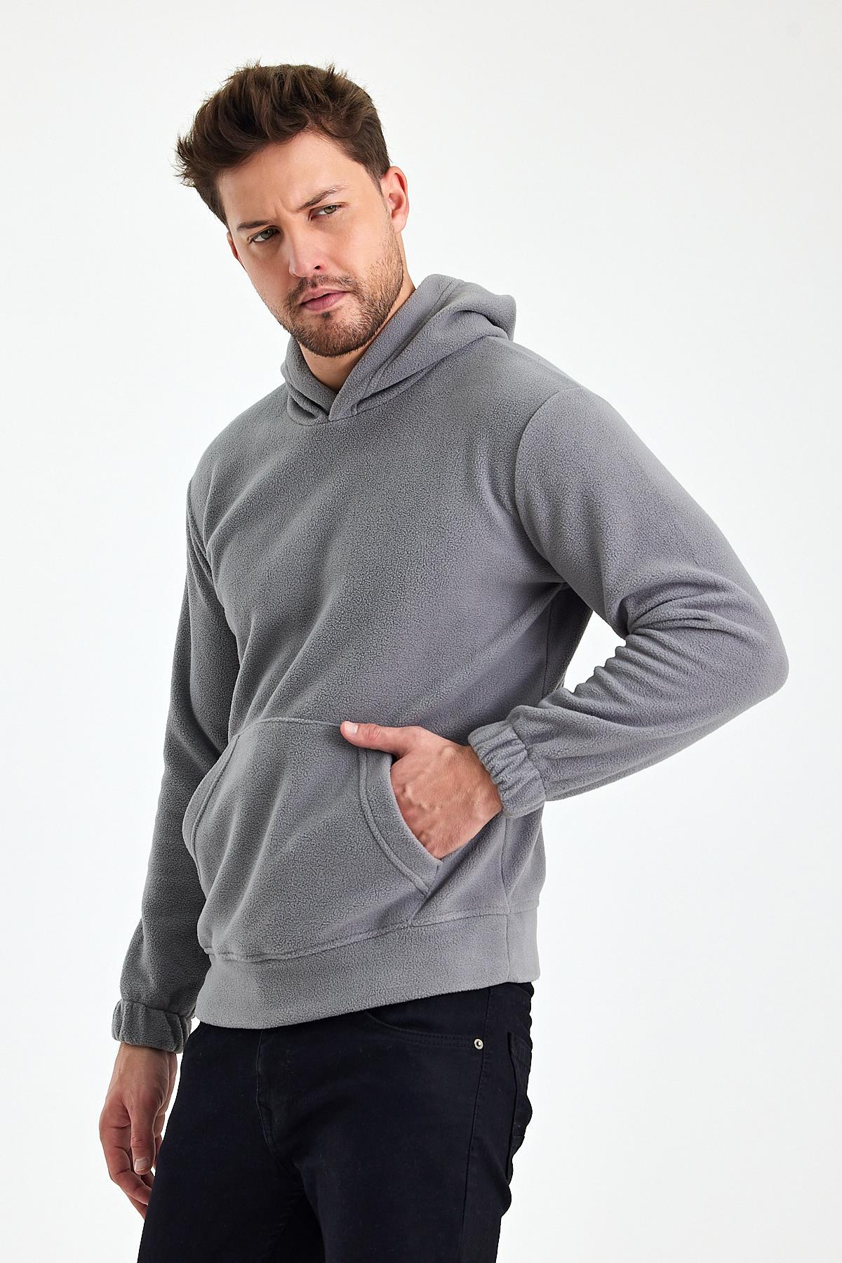 FİHA/8811-ERKEK POLAR KAPŞONLU KANGURU CEPLİ SWEAT - GRİ