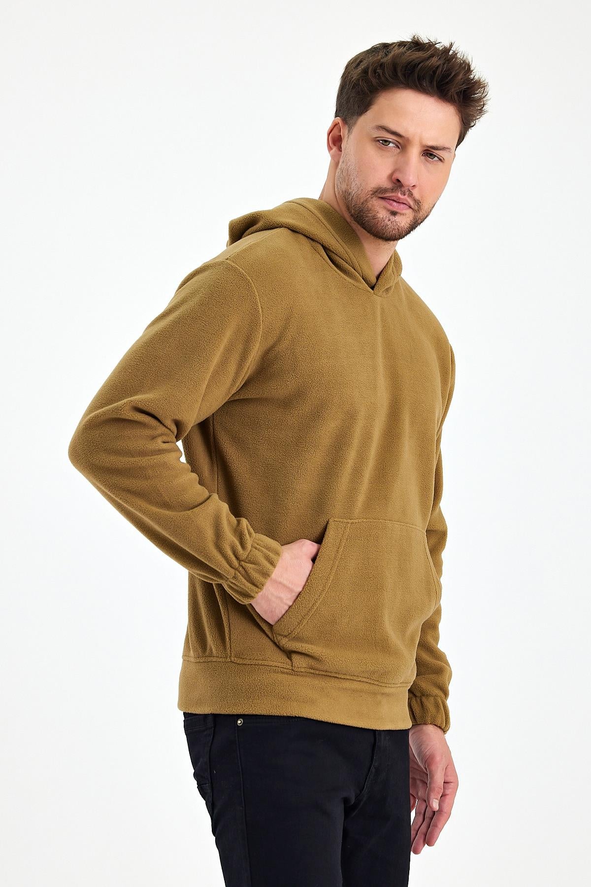 FİHA/8811-ERKEK POLAR KAPŞONLU KANGURU CEPLİ SWEAT - AÇIK KAHVE