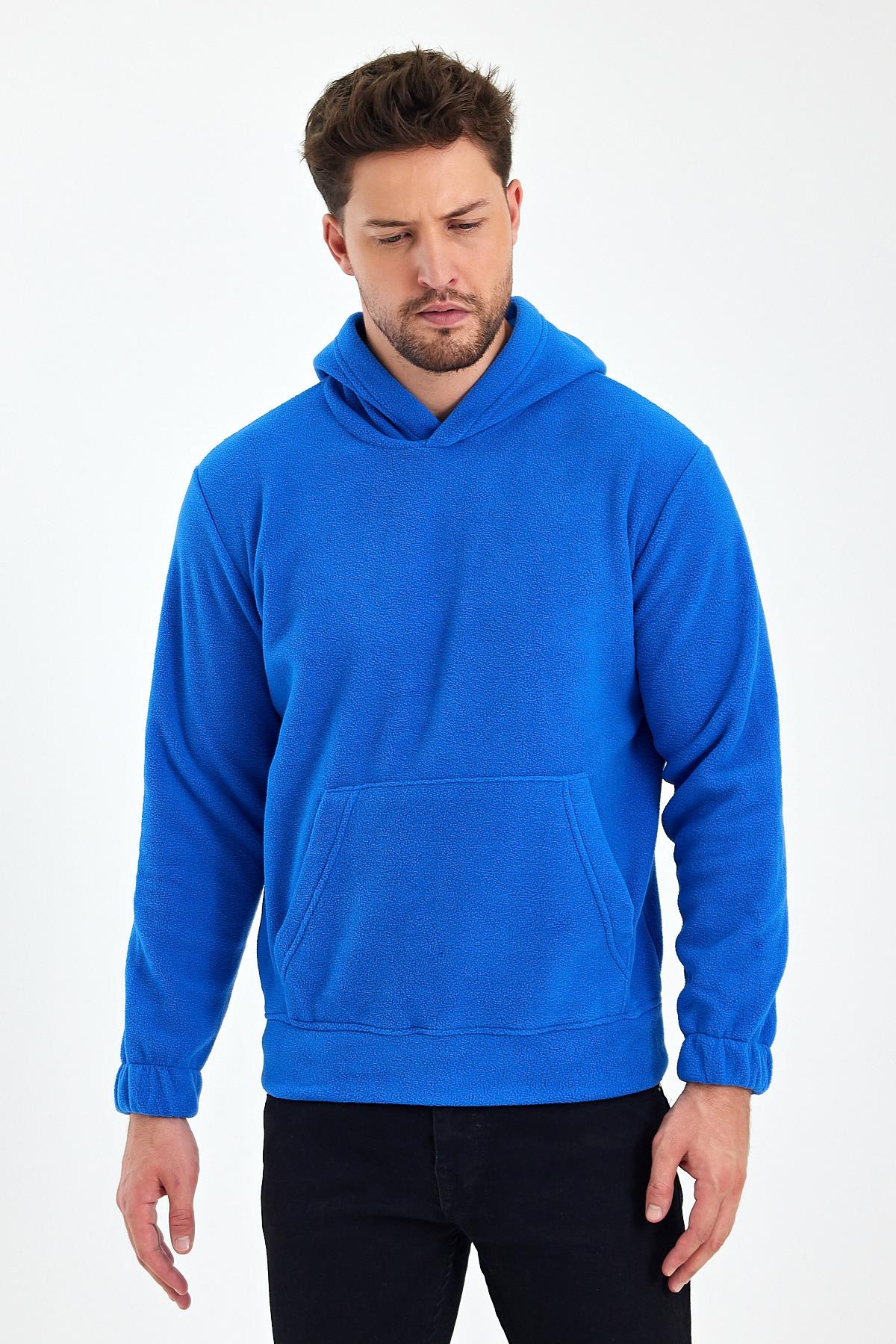FİHA/8811-ERKEK POLAR KAPŞONLU KANGURU CEPLİ SWEAT - MAVİ