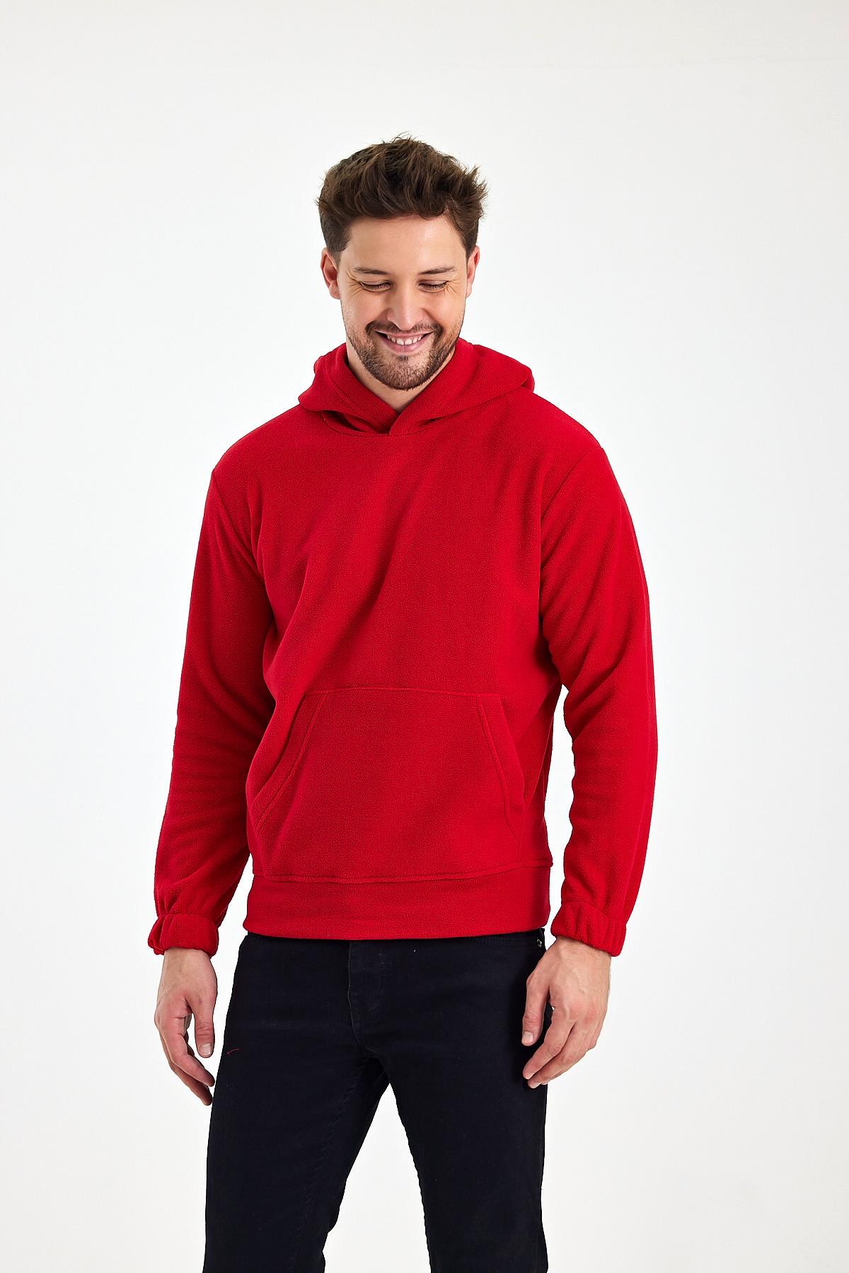 FİHA/8811-ERKEK POLAR KAPŞONLU KANGURU CEPLİ SWEAT - KIRMIZI