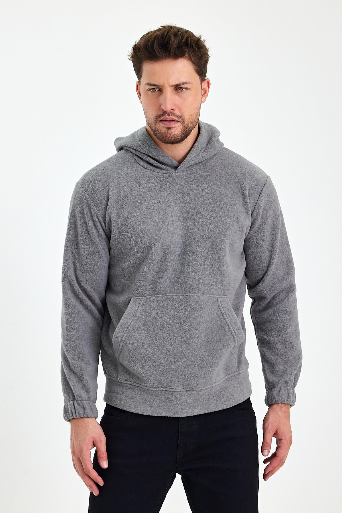 FİHA/8811-ERKEK POLAR KAPŞONLU KANGURU CEPLİ SWEAT - GRİ