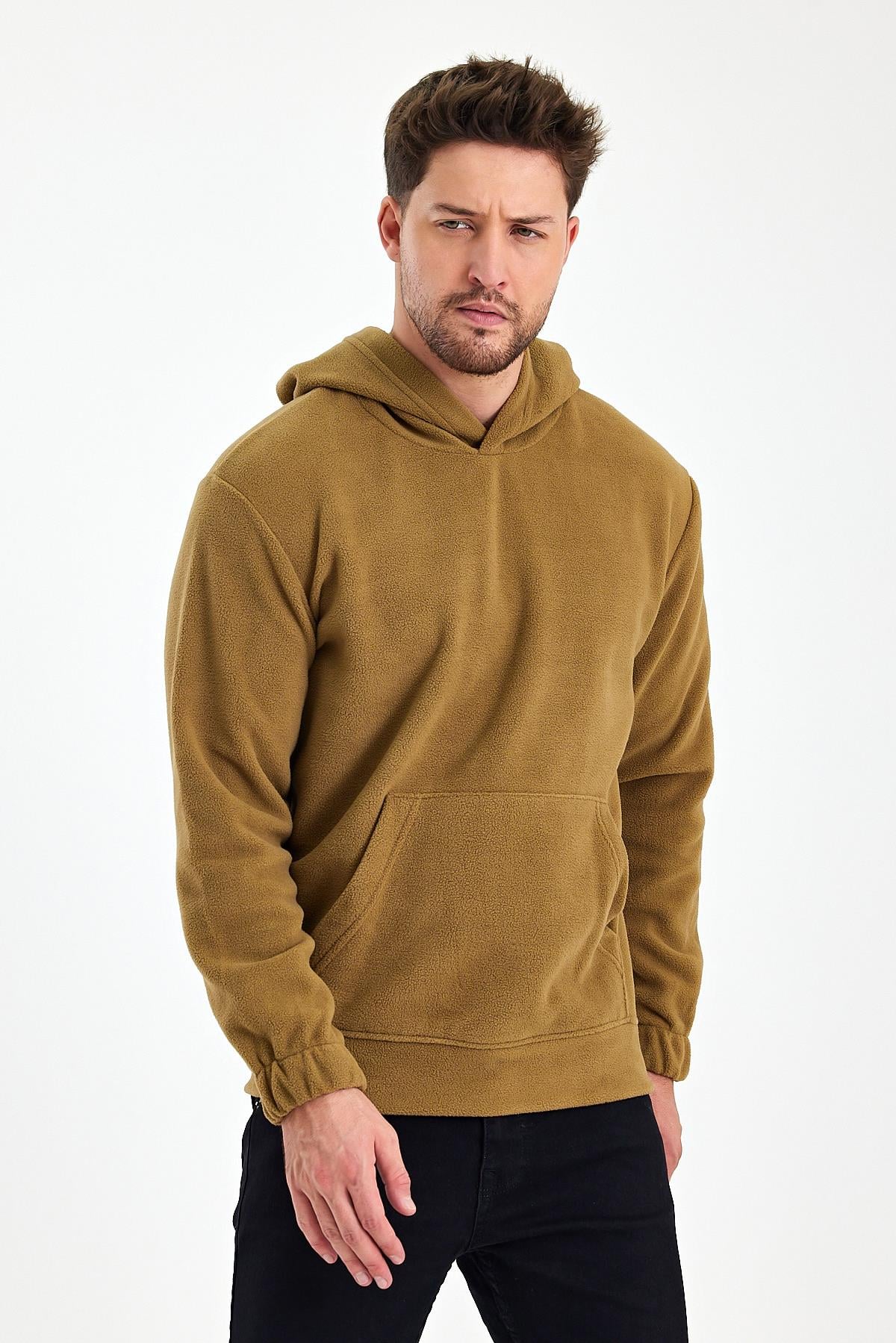 FİHA/8811-ERKEK POLAR KAPŞONLU KANGURU CEPLİ SWEAT - AÇIK KAHVE
