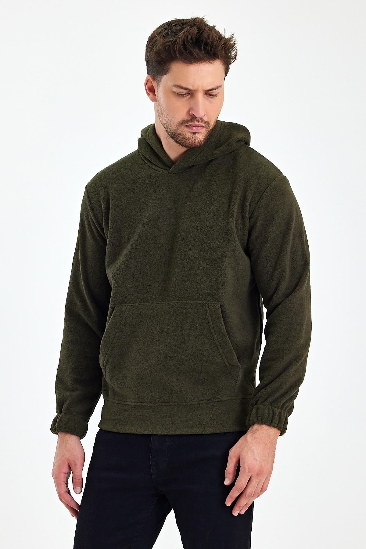 FİHA/8811-ERKEK POLAR KAPŞONLU KANGURU CEPLİ SWEAT - HAKİ