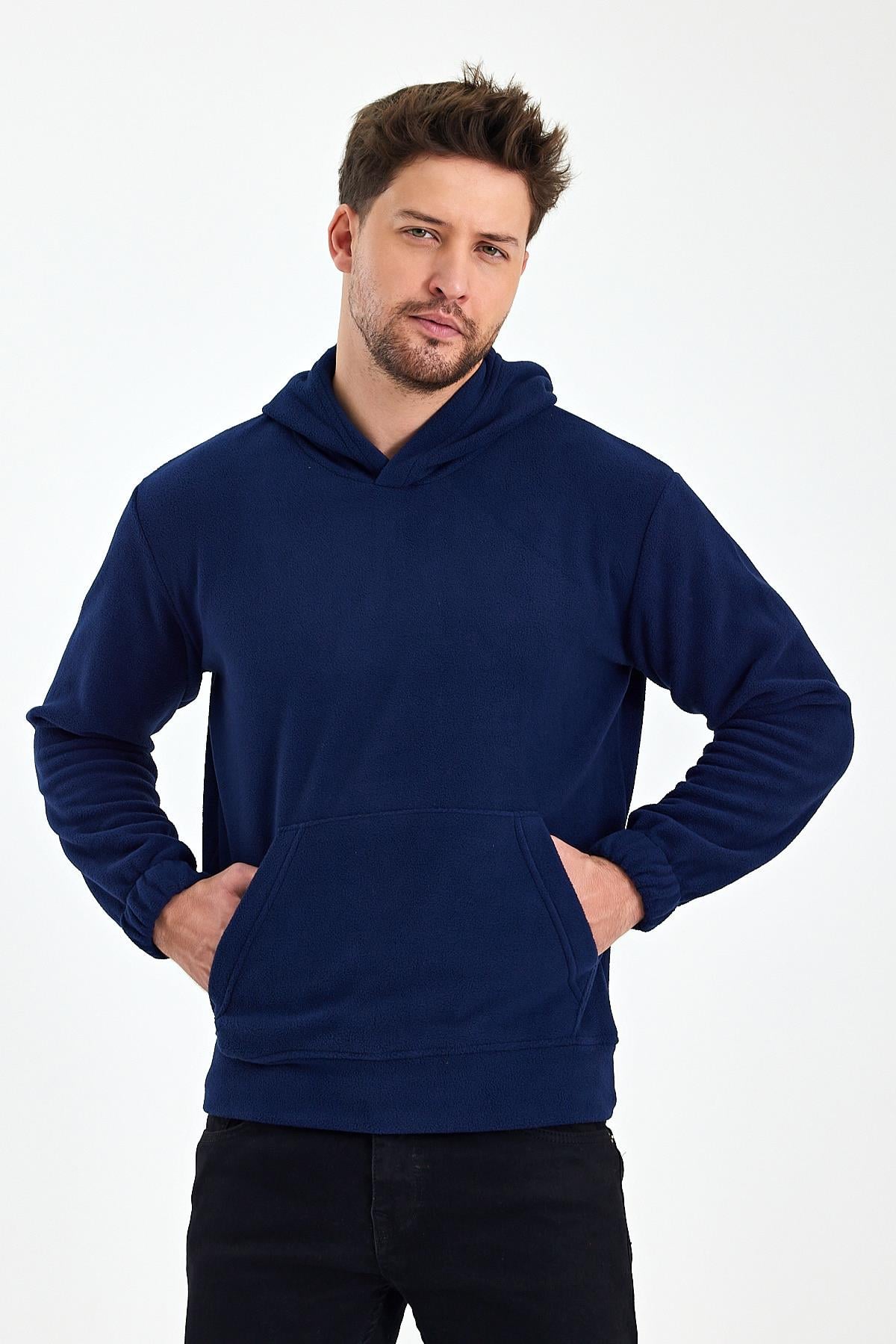 FİHA/8811-ERKEK POLAR KAPŞONLU KANGURU CEPLİ SWEAT - LACİVERT