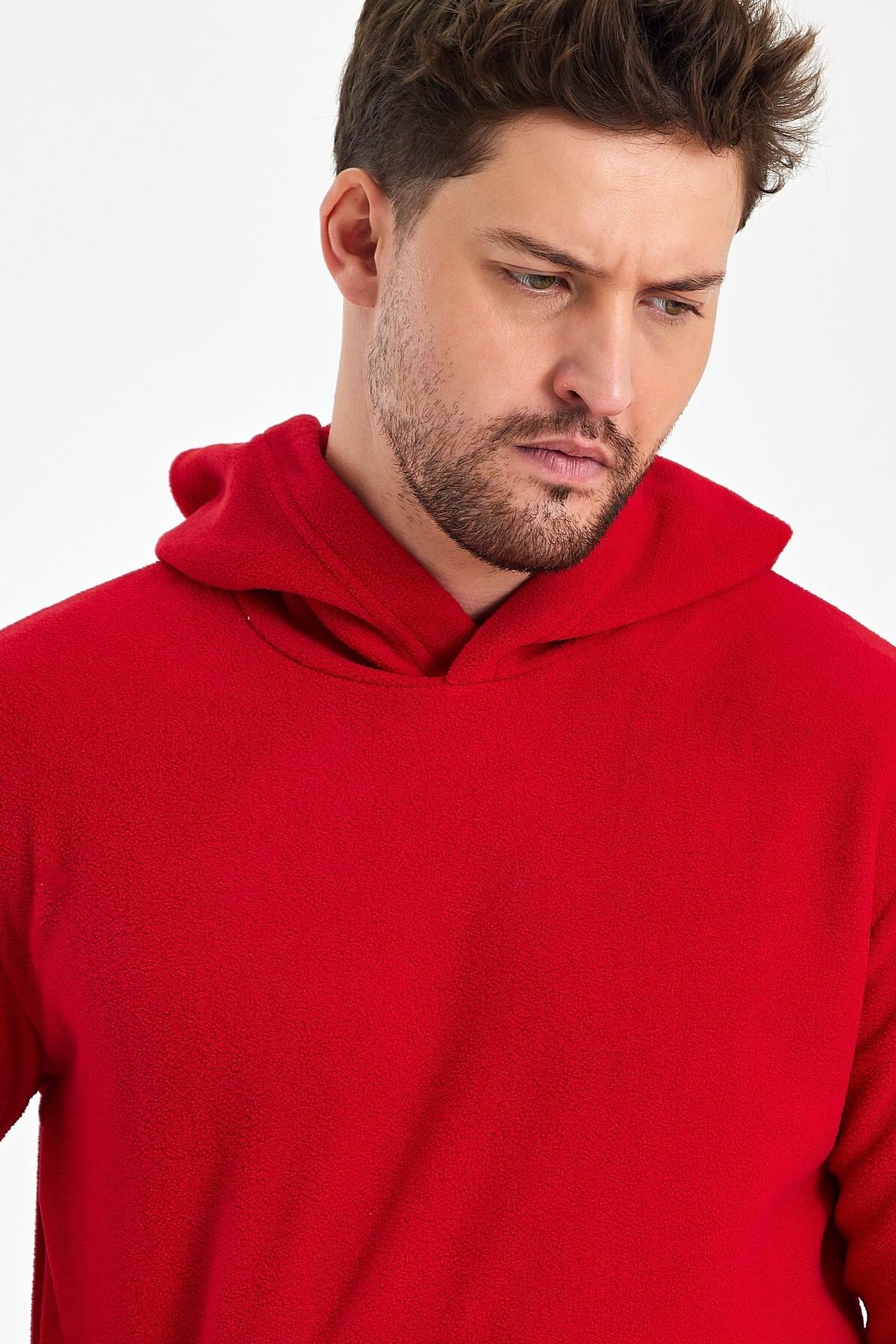 FİHA/8811-ERKEK POLAR KAPŞONLU KANGURU CEPLİ SWEAT - KIRMIZI