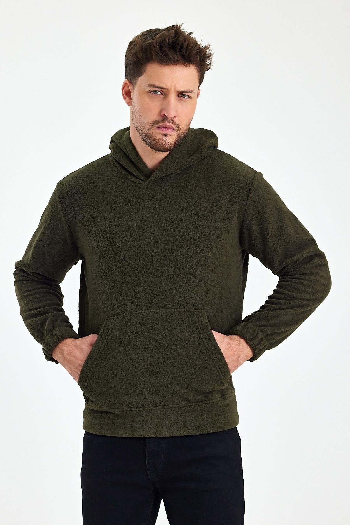 FİHA/8811-ERKEK POLAR KAPŞONLU KANGURU CEPLİ SWEAT - HAKİ