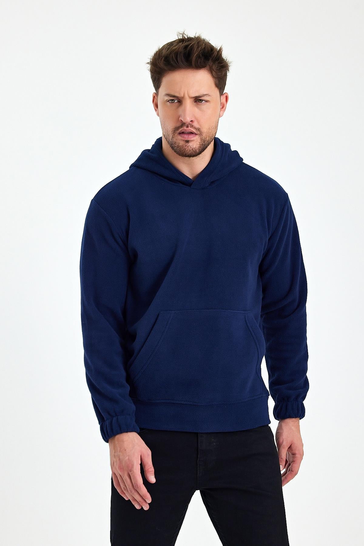 FİHA/8811-ERKEK POLAR KAPŞONLU KANGURU CEPLİ SWEAT - LACİVERT