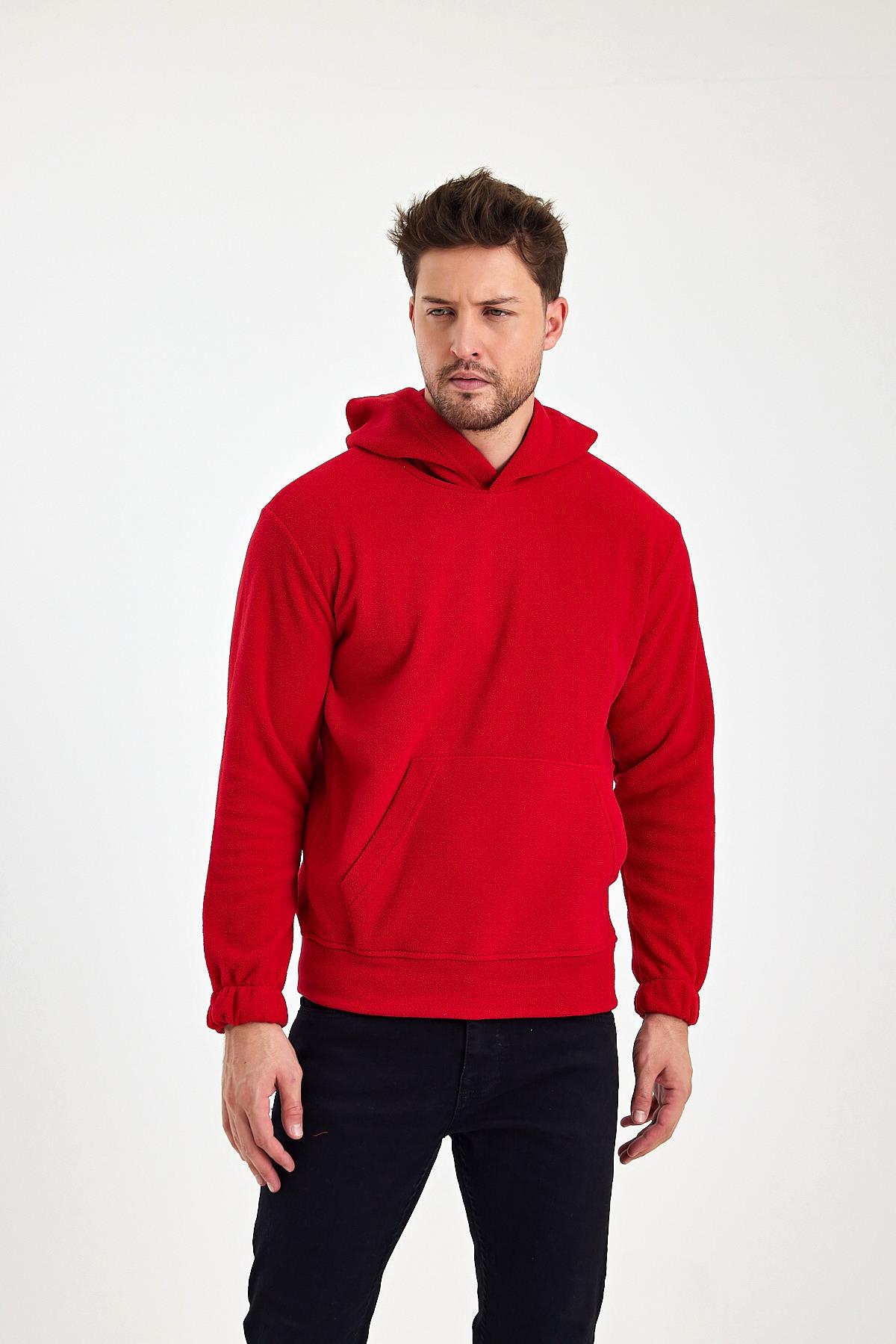 FİHA/8811-ERKEK POLAR KAPŞONLU KANGURU CEPLİ SWEAT - KIRMIZI
