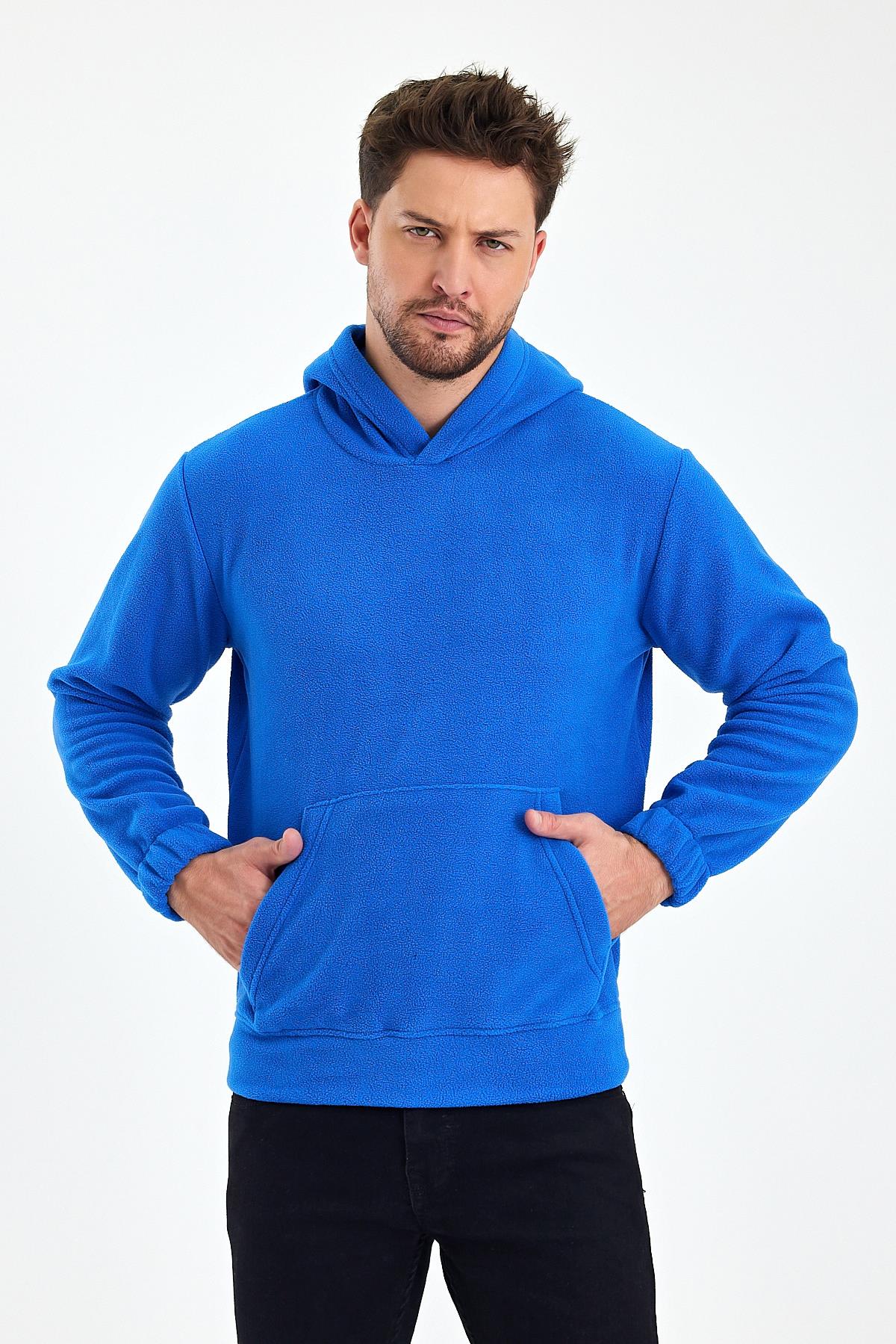 FİHA/8811-ERKEK POLAR KAPŞONLU KANGURU CEPLİ SWEAT - MAVİ