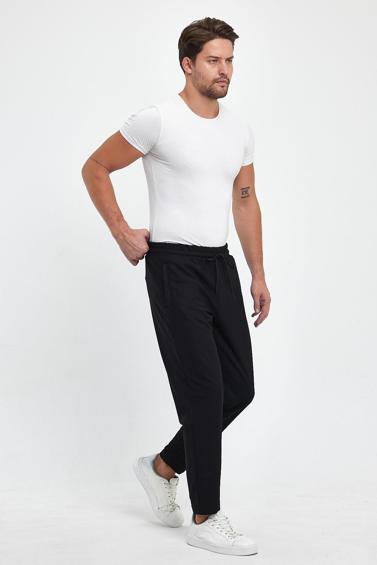 FİHA/8813-ERKEK ŞARDONLU POLYESTER PİKE CEP FERM.EŞOFMAN ALTI - SİYAH