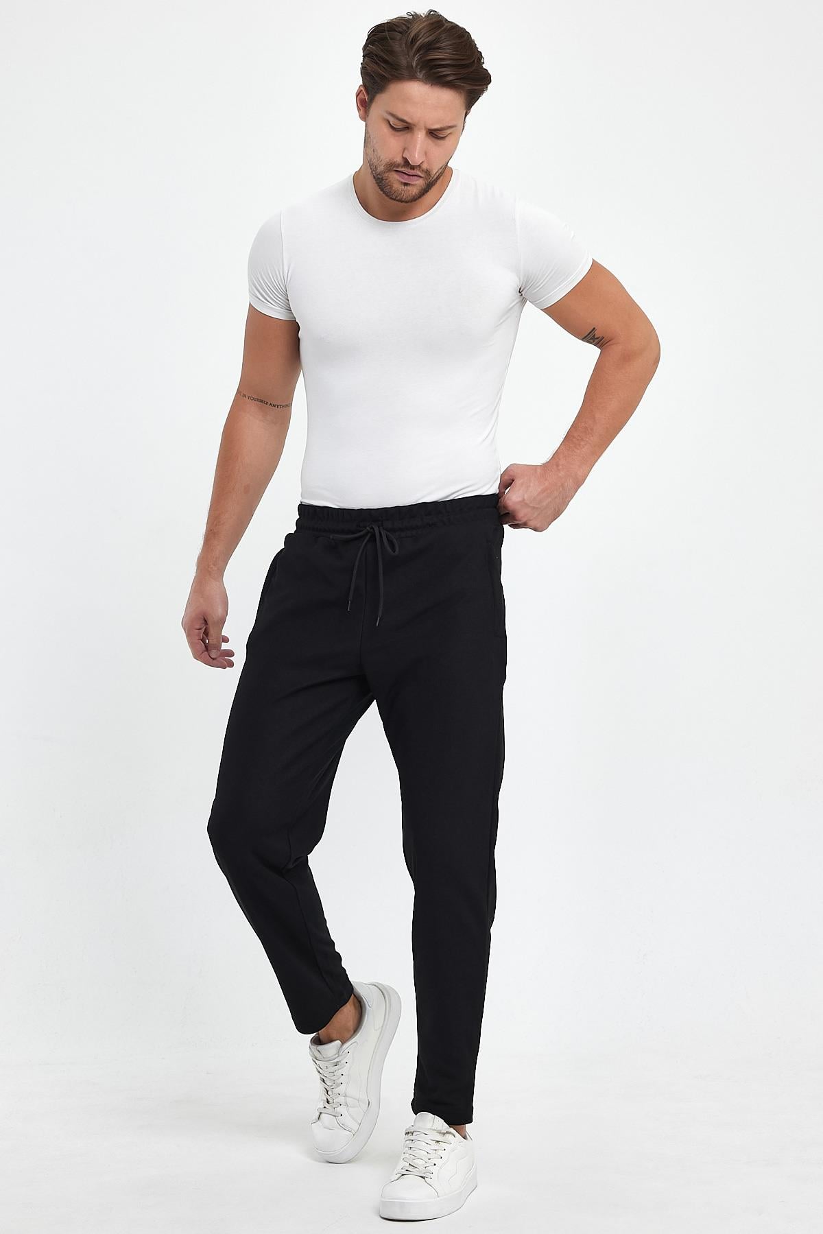FİHA/8813-ERKEK ŞARDONLU POLYESTER PİKE CEP FERM.EŞOFMAN ALTI - SİYAH