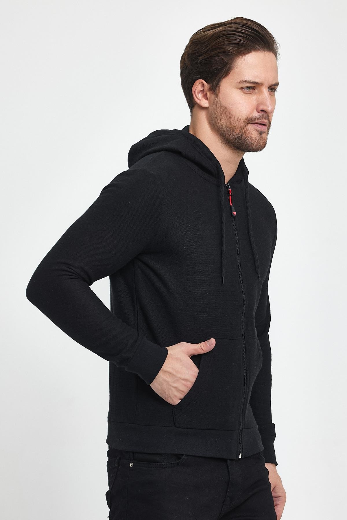 FİHA/8861-ERKEK FERMUARLI KAPŞONLU ŞARDONLU SWEAT - SİYAH