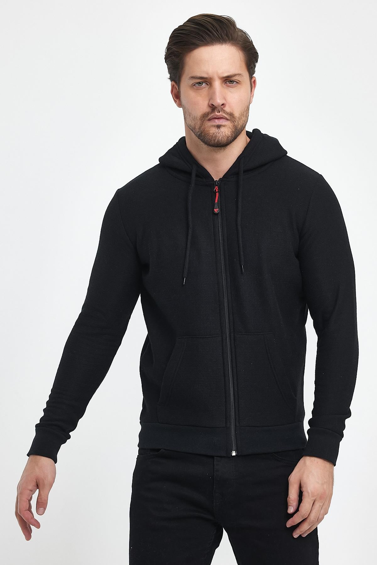 FİHA/8861-ERKEK FERMUARLI KAPŞONLU ŞARDONLU SWEAT - SİYAH
